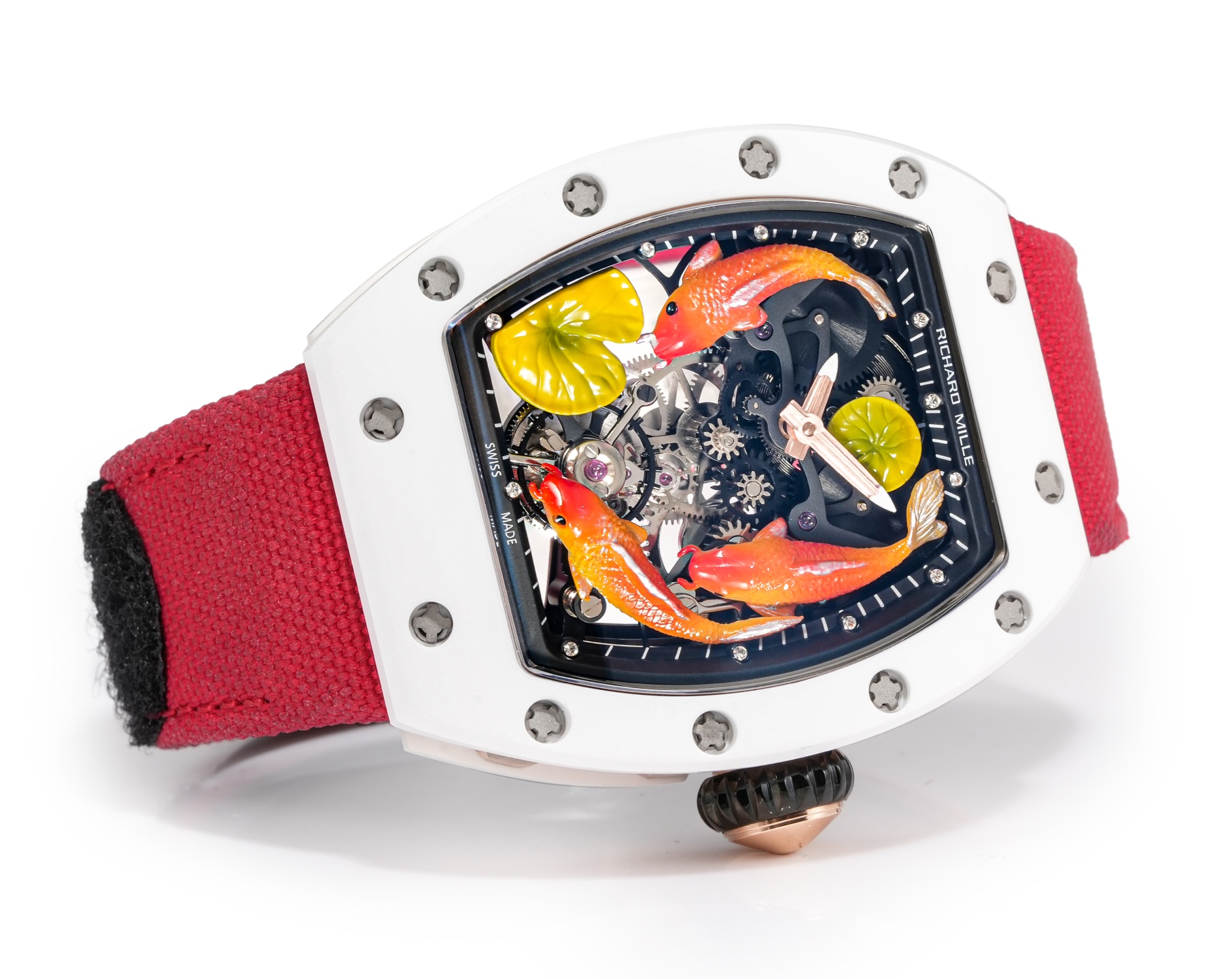 Richard Mille RM 57-03 Tourbillon Sapphire Koi Fish white case, black dial, red strap 38.7mm Men's Mechanical