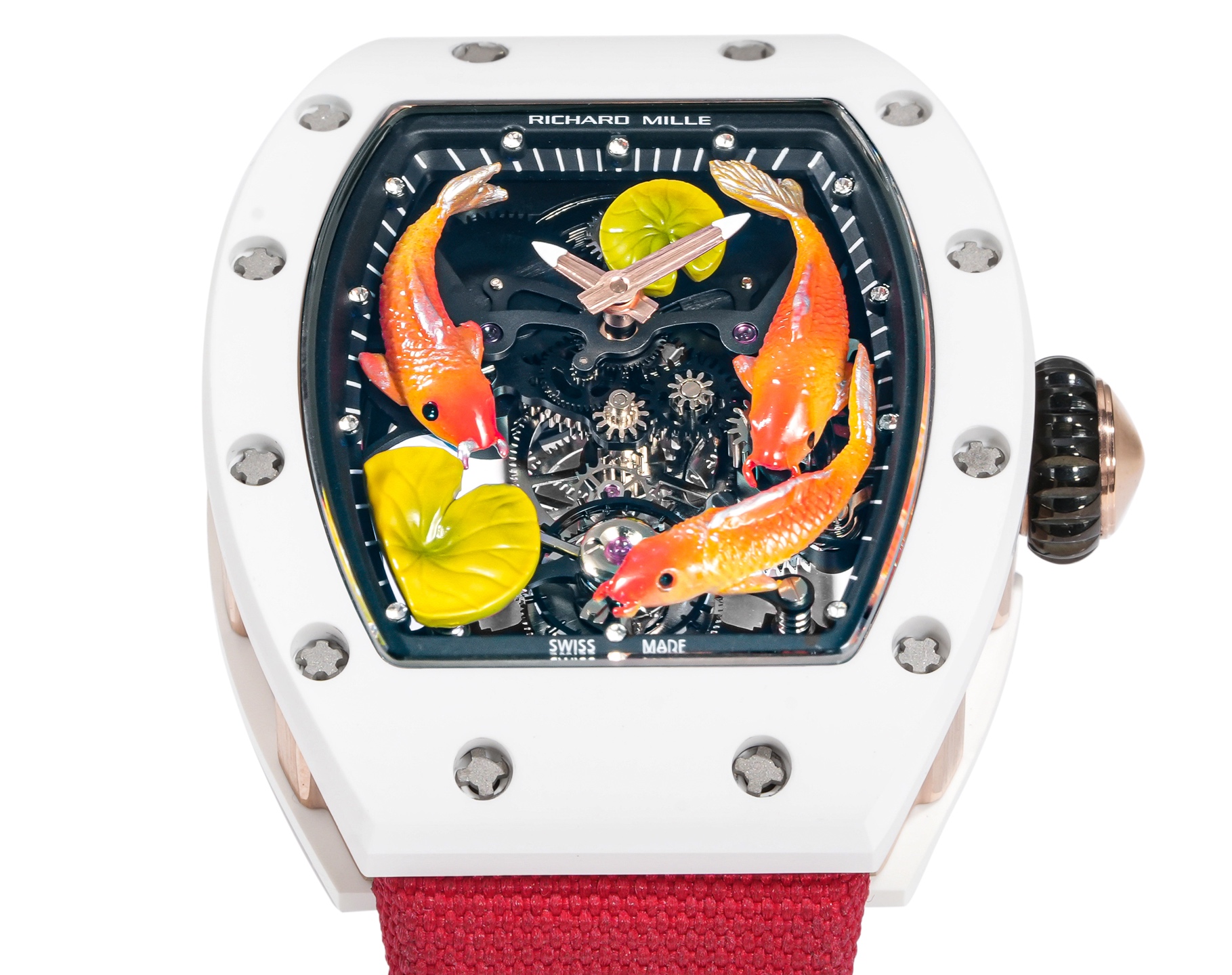 Richard Mille RM 57-03 Tourbillon Sapphire Koi Fish white case, black dial, red strap 38.7mm Men's Mechanical