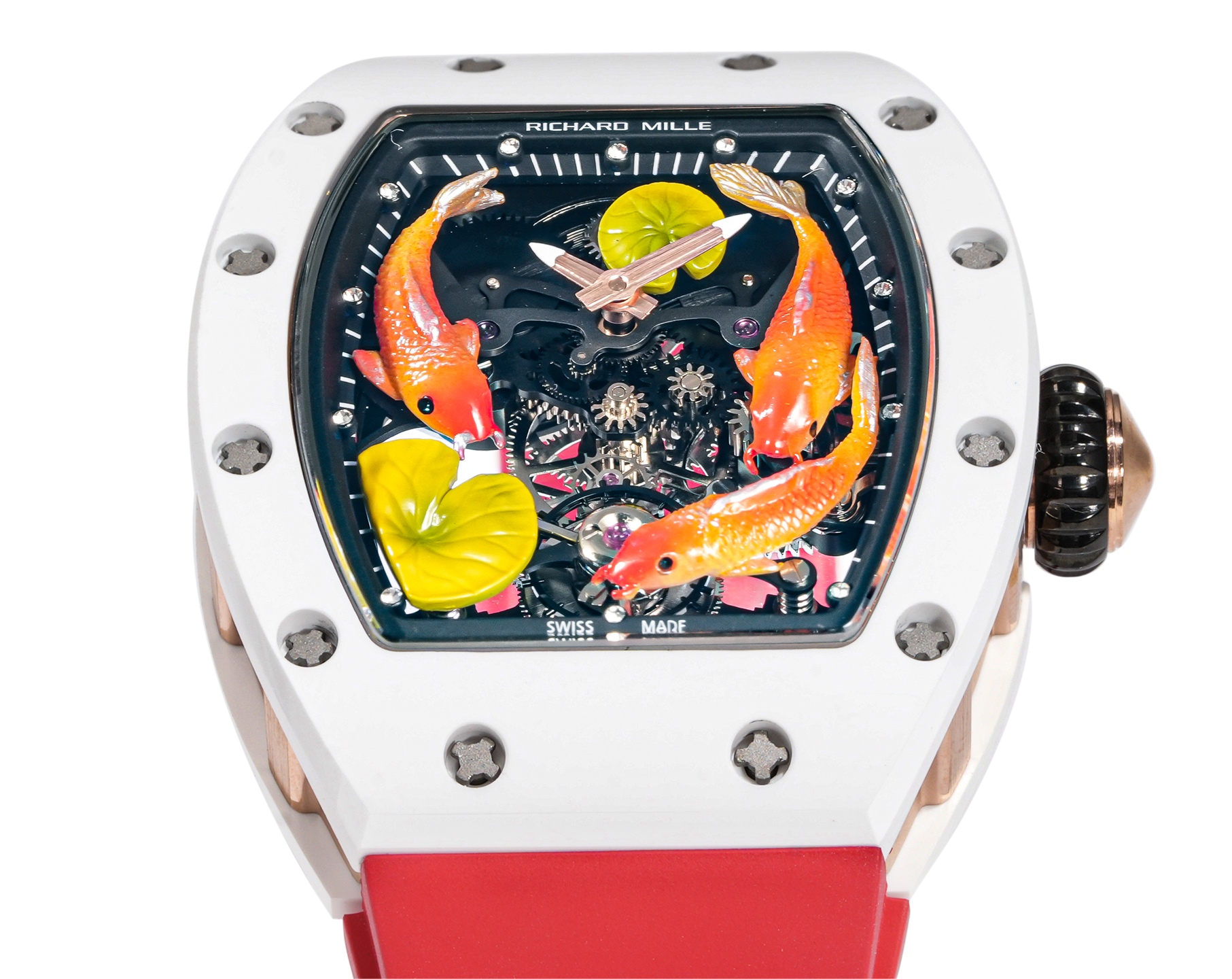 Richard Mille RM 011 white ceramic case, black bezel, multicolor koi fish dial, red rubber strap 50mm Men's Automatic
