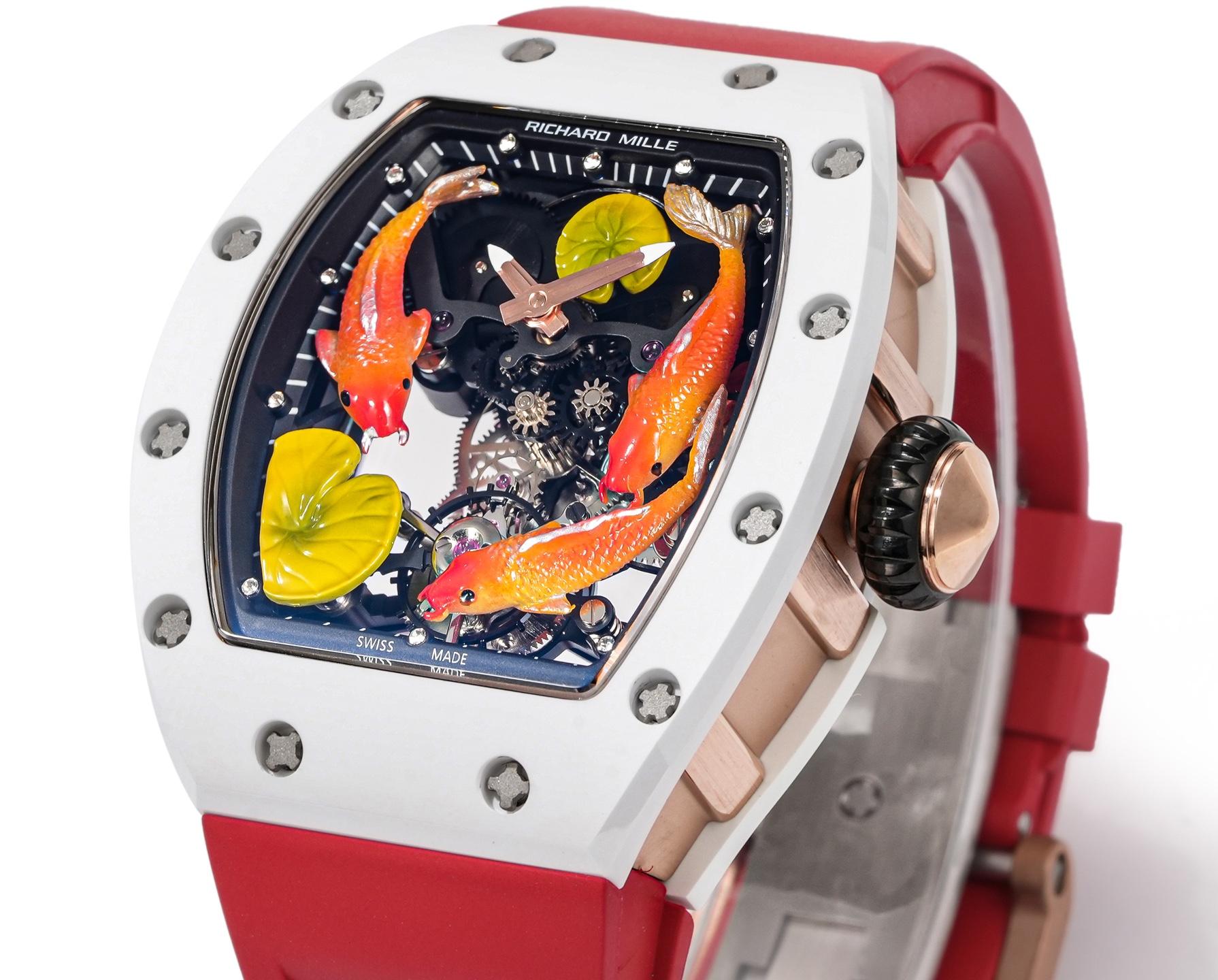 Richard Mille RM 011 white ceramic case, black bezel, multicolor koi fish dial, red rubber strap 50mm Men's Automatic