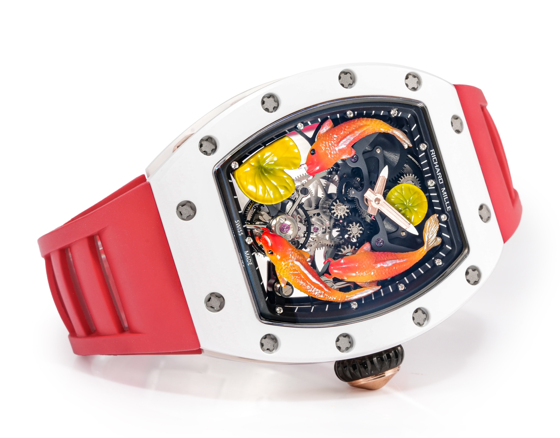 Richard Mille RM 011 white ceramic case, black bezel, multicolor koi fish dial, red rubber strap 50mm Men's Automatic