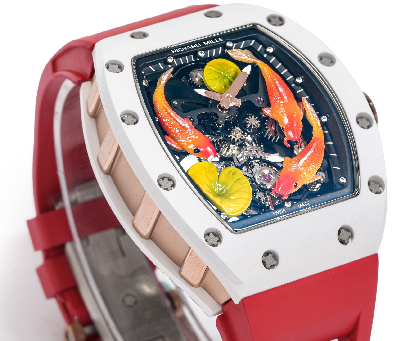 Richard Mille RM 011 white ceramic case, black bezel, multicolor koi fish dial, red rubber strap 50mm Men's Automatic