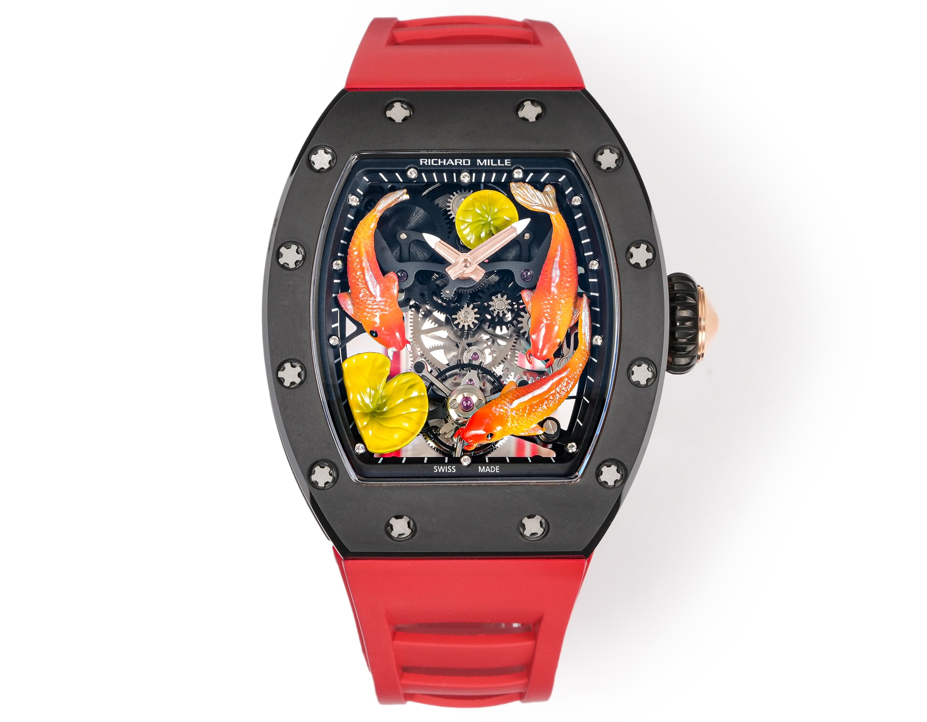 NO:741764,RM [RICHARD MILLE] Richard Mille RM S10 Koi Tourbillon Watch RM S10 Koi Tourbillon Watch once again shows exquisite craftsmanship and cultural heritage. It puts the extremely famous image of koi in Eastern culture on the dial, creating a graceful scene of koi playing with lotus in the water of Yingying Pond. It is made of red gold with diamonds and true red. The koi model is released in China as the only exclusive product of the new tourbillon watch, which is fascinating!  A very beautiful koi-themed craft tourbillon watch. Three exquisitely crafted and lifelike koi fish swim proudly in this mechanical pond. The rotating tourbillon and the koi fish form a lucky combination, which is deeply loved by Chinese watch mysteries. This is not so much a watch, a luxury product, but more of a work of art. A true flywheel mechanical watch,19860909RM【RICHARD MILLE） 理查德 米尔 RM S10 锦鲤 陀飞轮腕表 RM S10锦鲤陀飞轮腕表再度展现精湛工艺与文化底蕴,将东方文化中极为闻名的锦鲤形象搬上表盘,营造出盈盈池水内锦鲤戏莲的曼妙景象,并以红金镶钻正红色,锦鲤款作为全新陀飞轮腕表唯一臻品在华发布, 令人心醉神迷！ 非常漂亮的锦鲤主题工艺陀飞轮腕表,三条做工细腻栩栩如生的锦鲤在这个机械池塘中傲游,时来运转的陀飞轮与锦鲤形成转运幸运组合,深受中国表谜的喜爱. 与其说这是一块手表,是一件奢侈品,更是一件艺术品真飞轮机械腕表,,,Watch