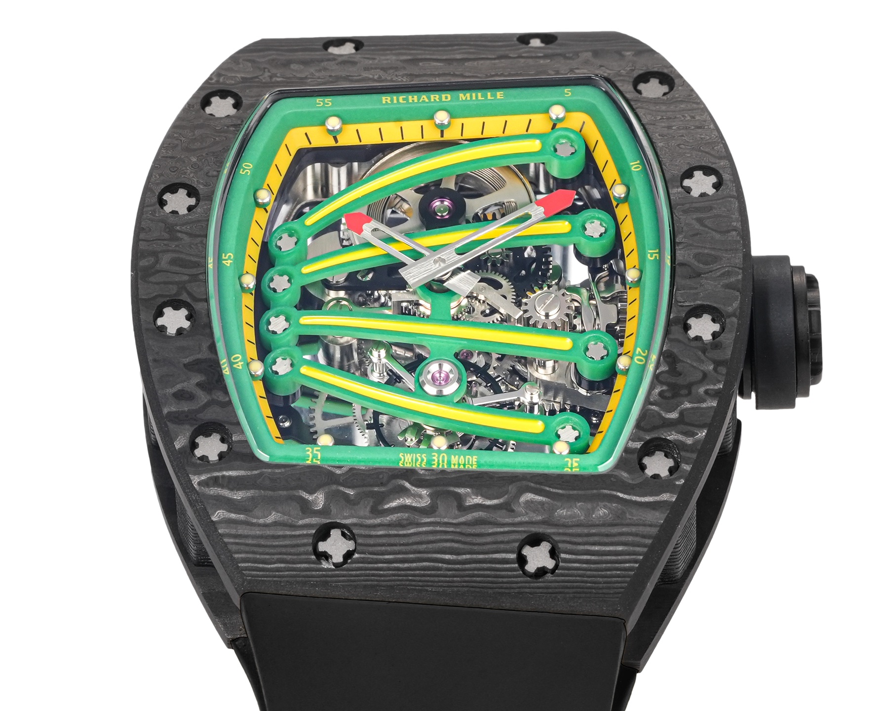 Richard Mille RM 59-01 Yohan Blake cassa in carbonio nero, lunetta verde, quadrante scheletrato, cinturino nero 42,7 mm Meccanico da uomo