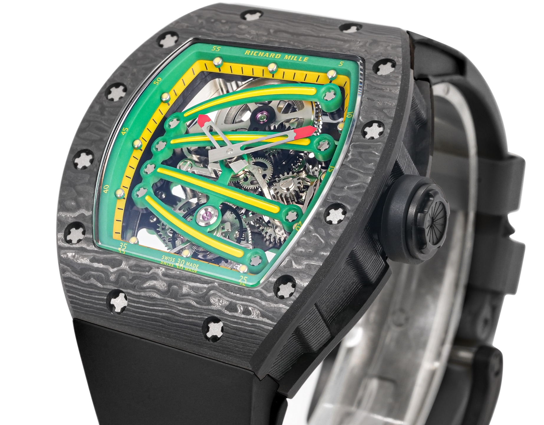 Richard Mille RM 59-01 Yohan Blake cassa in carbonio nero, lunetta verde, quadrante scheletrato, cinturino nero 42,7 mm Meccanico da uomo