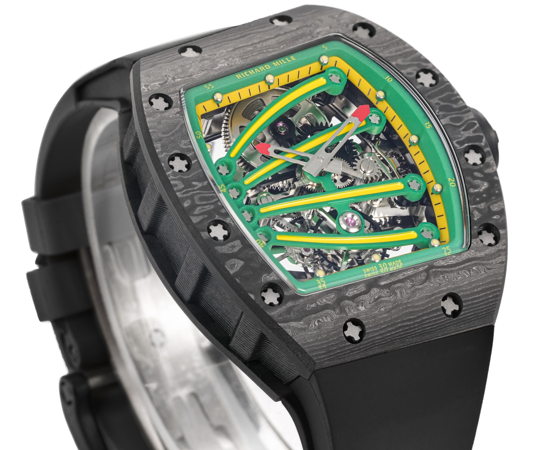 Richard Mille RM 59-01 Yohan Blake cassa in carbonio nero, lunetta verde, quadrante scheletrato, cinturino nero 42,7 mm Meccanico da uomo