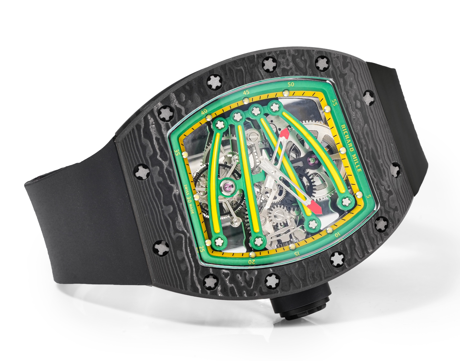 Richard Mille RM 59-01 Yohan Blake cassa in carbonio nero, lunetta verde, quadrante scheletrato, cinturino nero 42,7 mm Meccanico da uomo