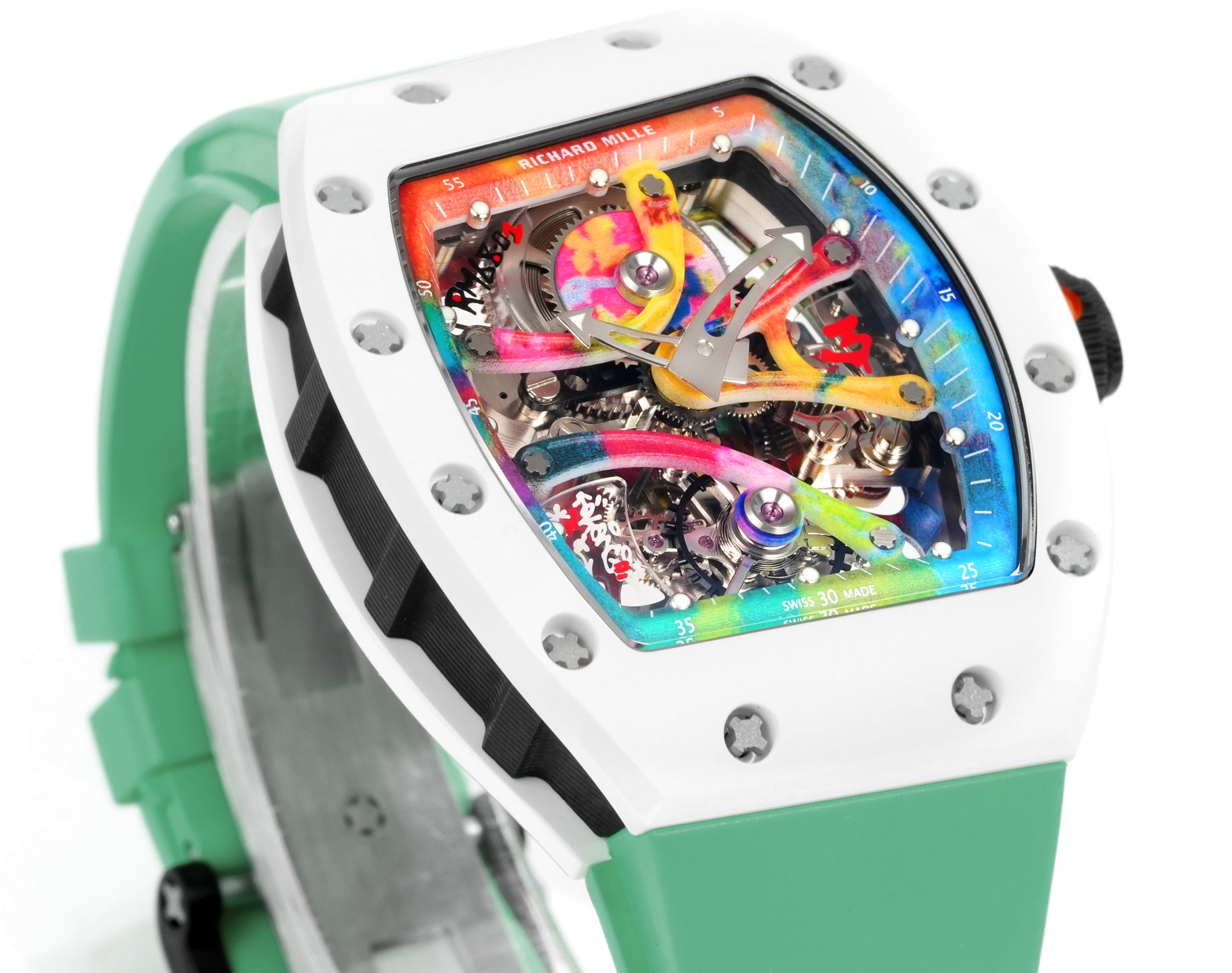 Richard Mille RM 68-01 Tourbillon Cyril Kongo white case, multicolor bezel and dial, green strap 38.7mm Men's Mechanical