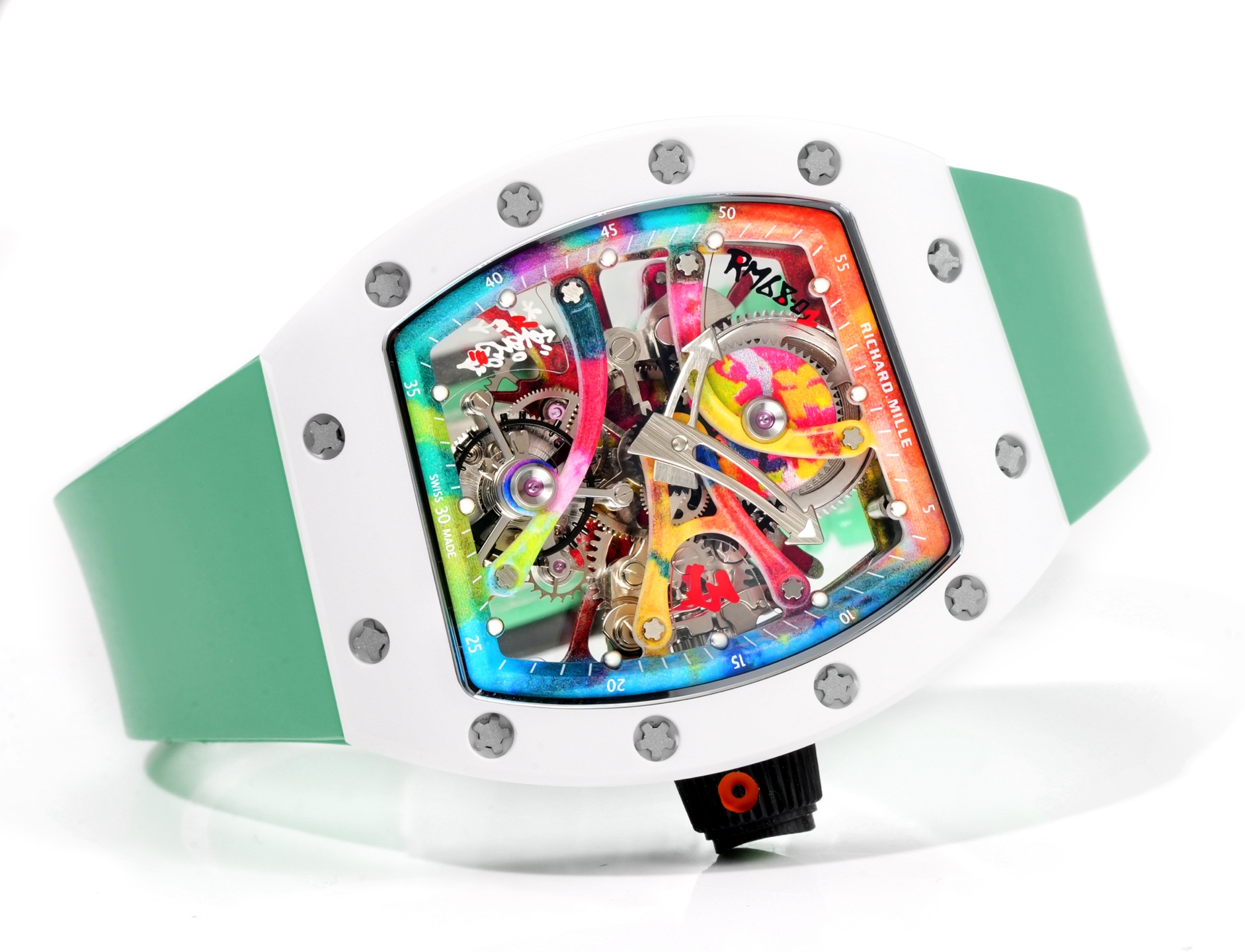 Richard Mille RM 68-01 Tourbillon Cyril Kongo white case, multicolor bezel and dial, green strap 38.7mm Men's Mechanical