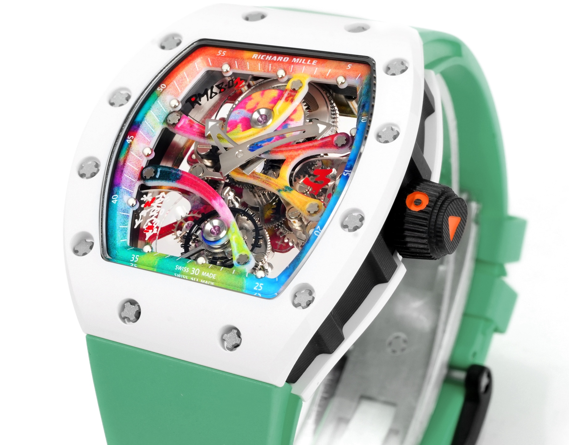 Richard Mille RM 68-01 Tourbillon Cyril Kongo white case, multicolor bezel and dial, green strap 38.7mm Men's Mechanical