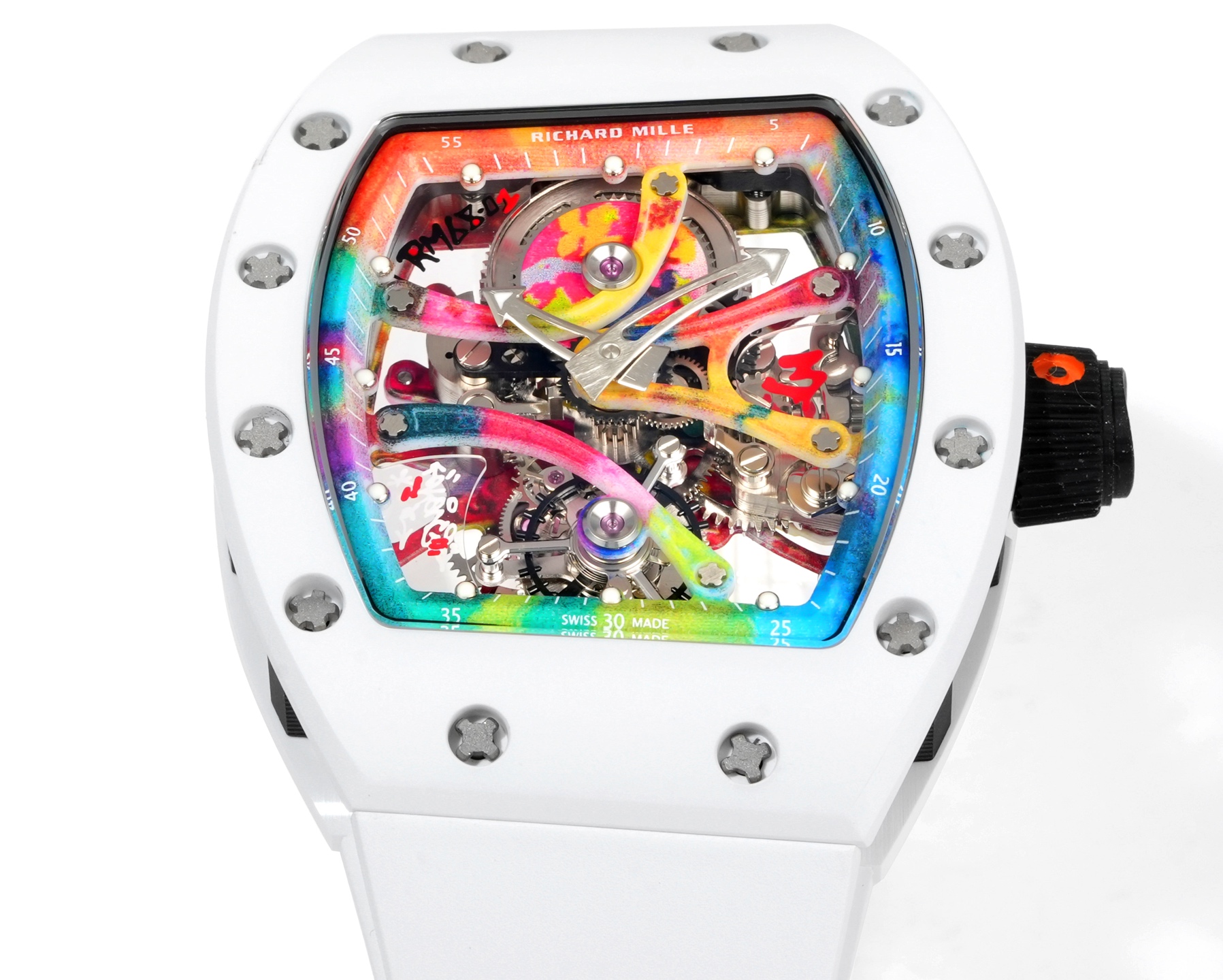 Richard Mille RM 68-01 Tourbillon Cyril Kongo cassa e cinturino bianchi, flangia della lunetta arcobaleno, quadrante scheletrato 38,7 mm Meccanico da uomo
