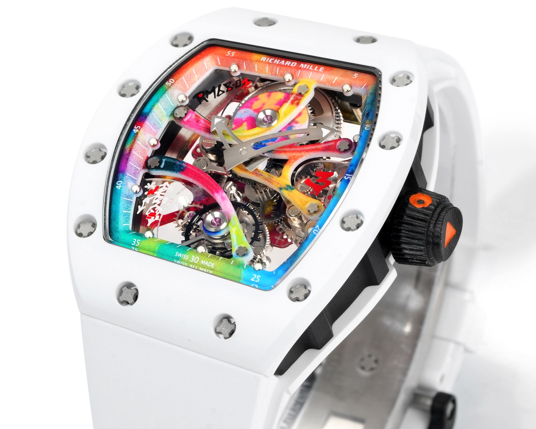 Richard Mille RM 68-01 Tourbillon Cyril Kongo cassa e cinturino bianchi, flangia della lunetta arcobaleno, quadrante scheletrato 38,7 mm Meccanico da uomo