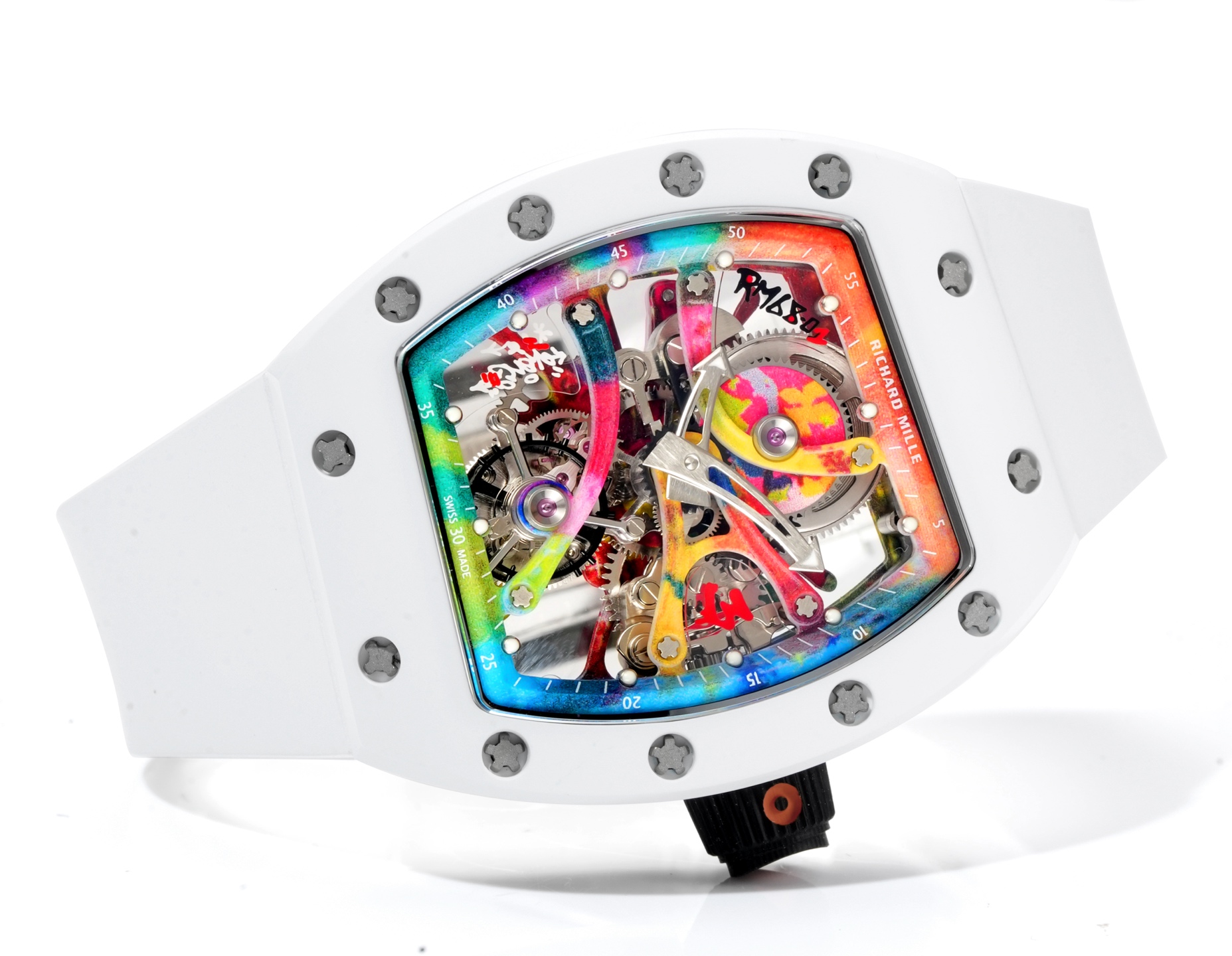 Richard Mille RM 68-01 Tourbillon Cyril Kongo cassa e cinturino bianchi, flangia della lunetta arcobaleno, quadrante scheletrato 38,7 mm Meccanico da uomo
