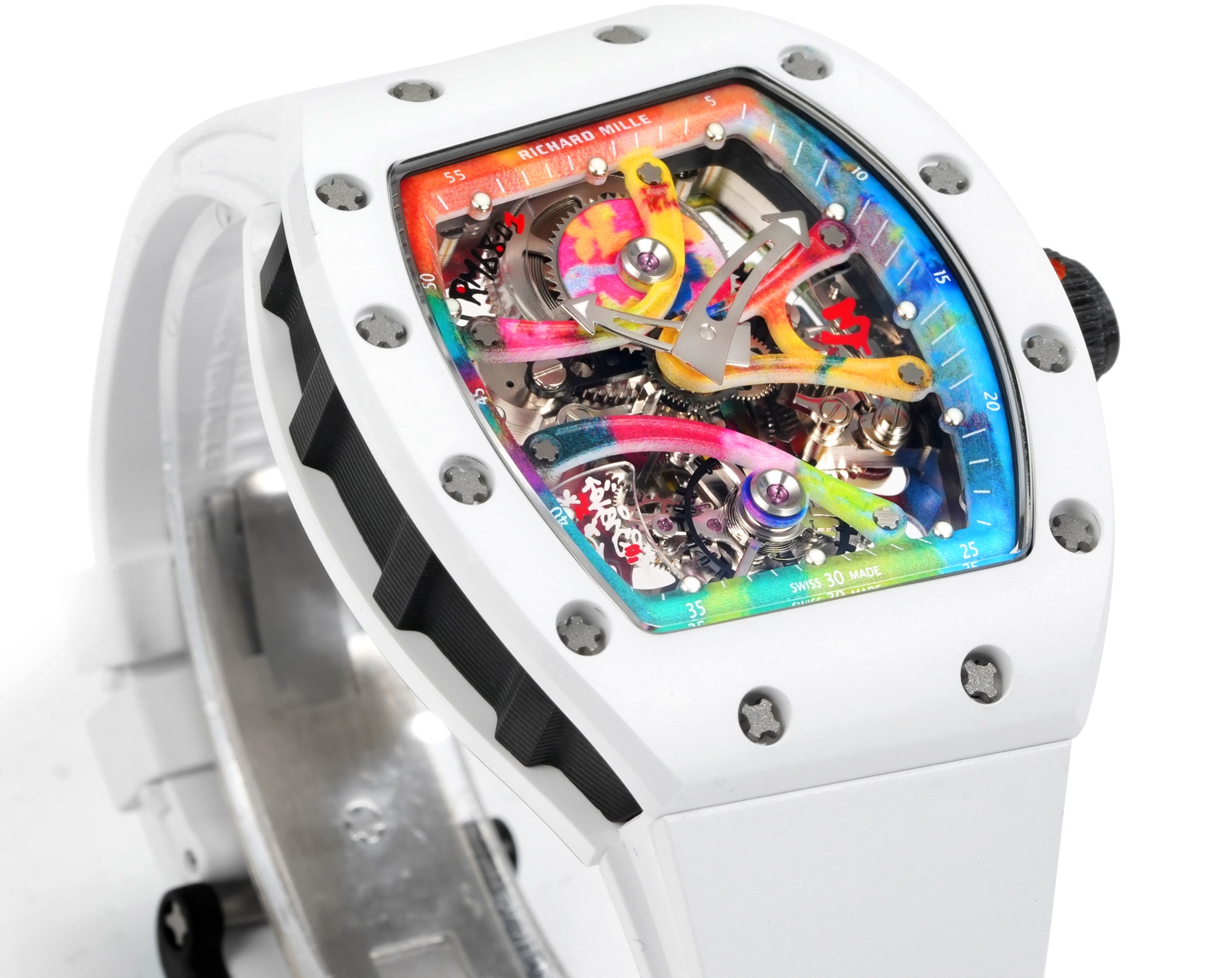 Richard Mille RM 68-01 Tourbillon Cyril Kongo cassa e cinturino bianchi, flangia della lunetta arcobaleno, quadrante scheletrato 38,7 mm Meccanico da uomo