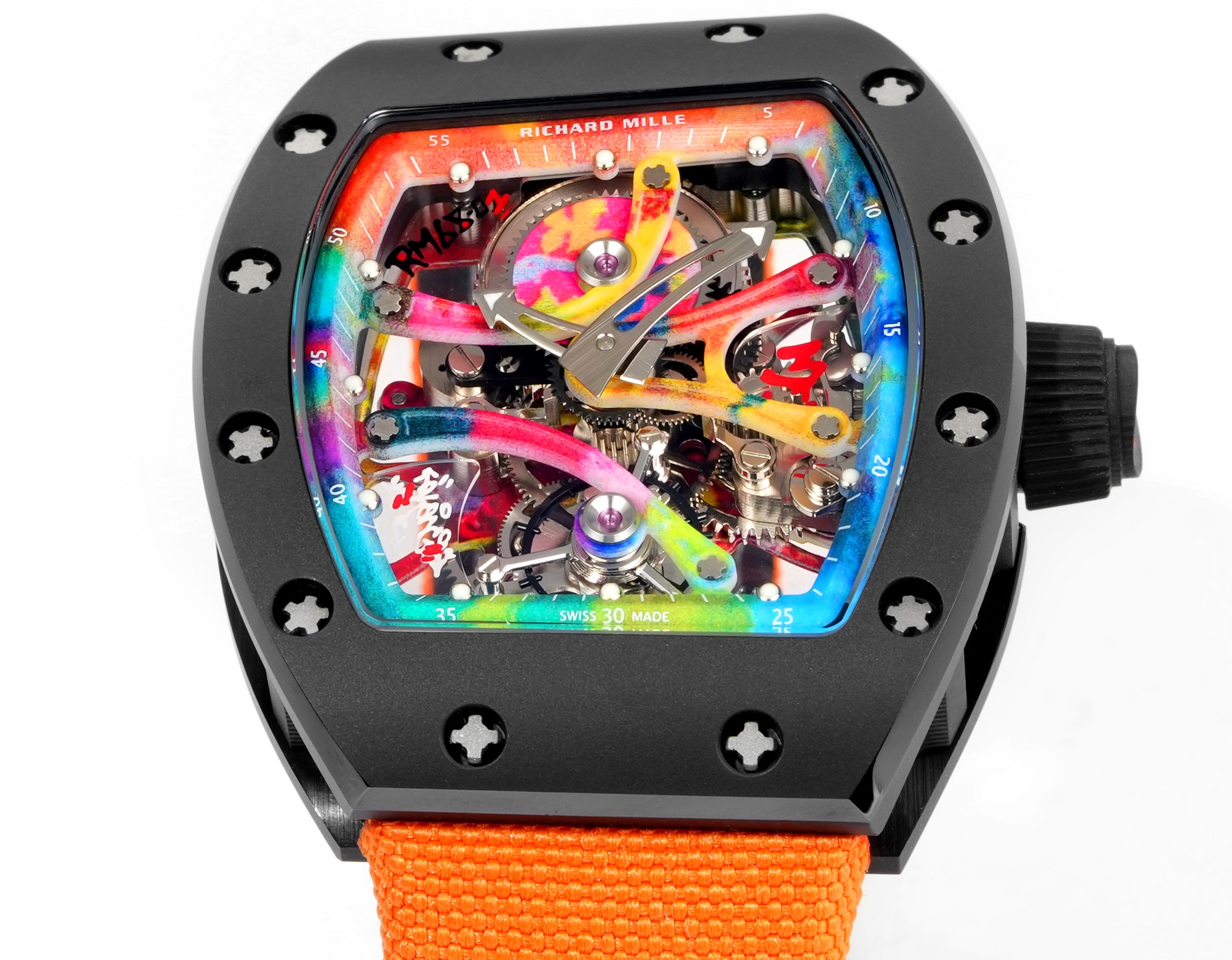 Richard Mille RM 68-01 Tourbillon Cyril Kongo cassa nera, quadrante multicolore, cinturino arancione 38,7mm Meccanico da uomo