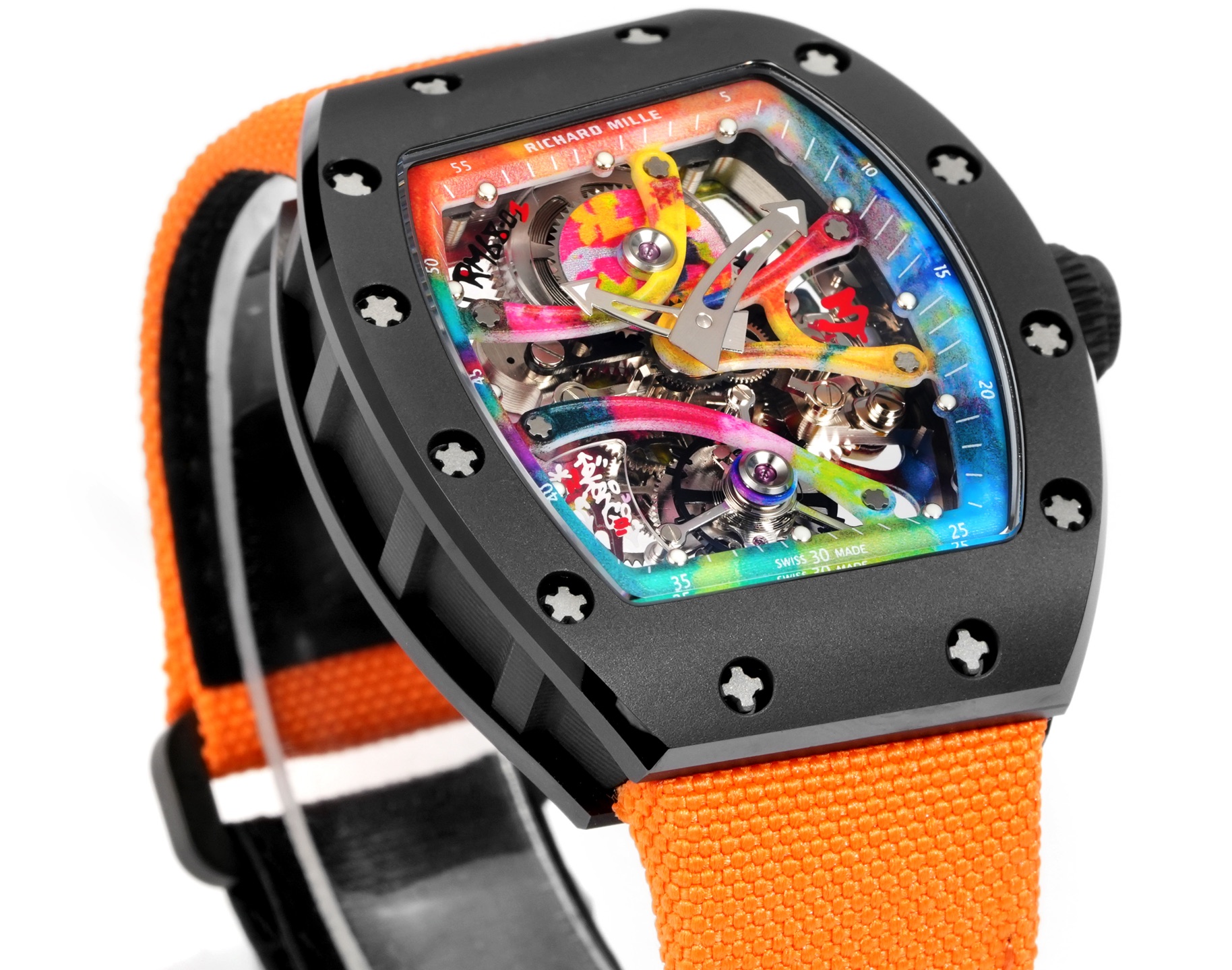 Richard Mille RM 68-01 Tourbillon Cyril Kongo cassa nera, quadrante multicolore, cinturino arancione 38,7mm Meccanico da uomo
