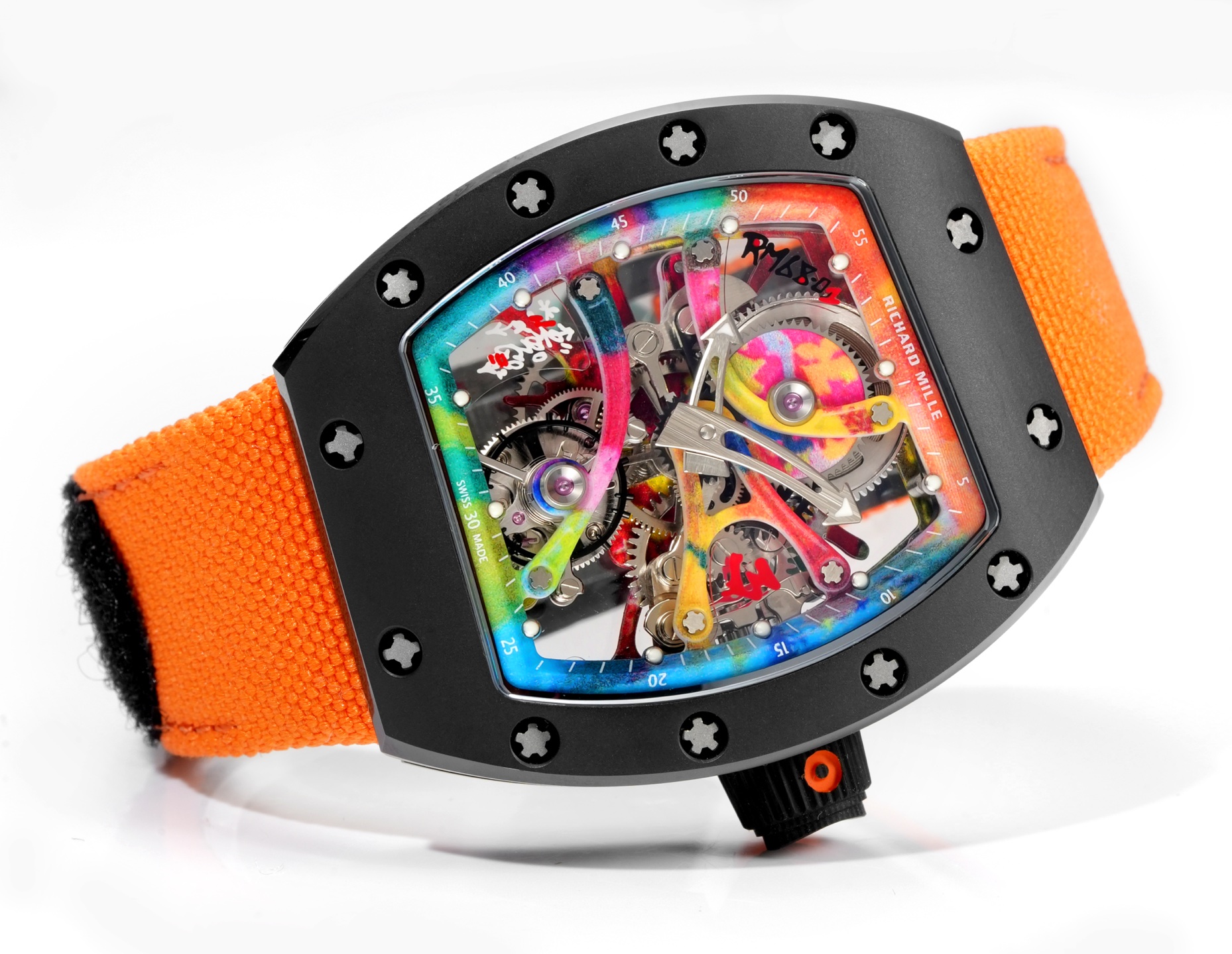 Richard Mille RM 68-01 Tourbillon Cyril Kongo cassa nera, quadrante multicolore, cinturino arancione 38,7mm Meccanico da uomo