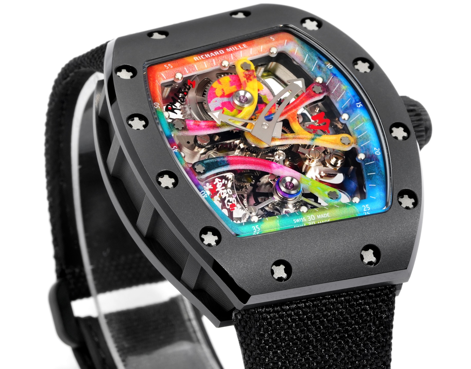 Richard Mille RM 68-01 Tourbillon Cyril Kongo cassa nera, lunetta nera, quadrante scheletrato multicolore, cinturino in tessuto nero 38,7 mm Meccanico da uomo