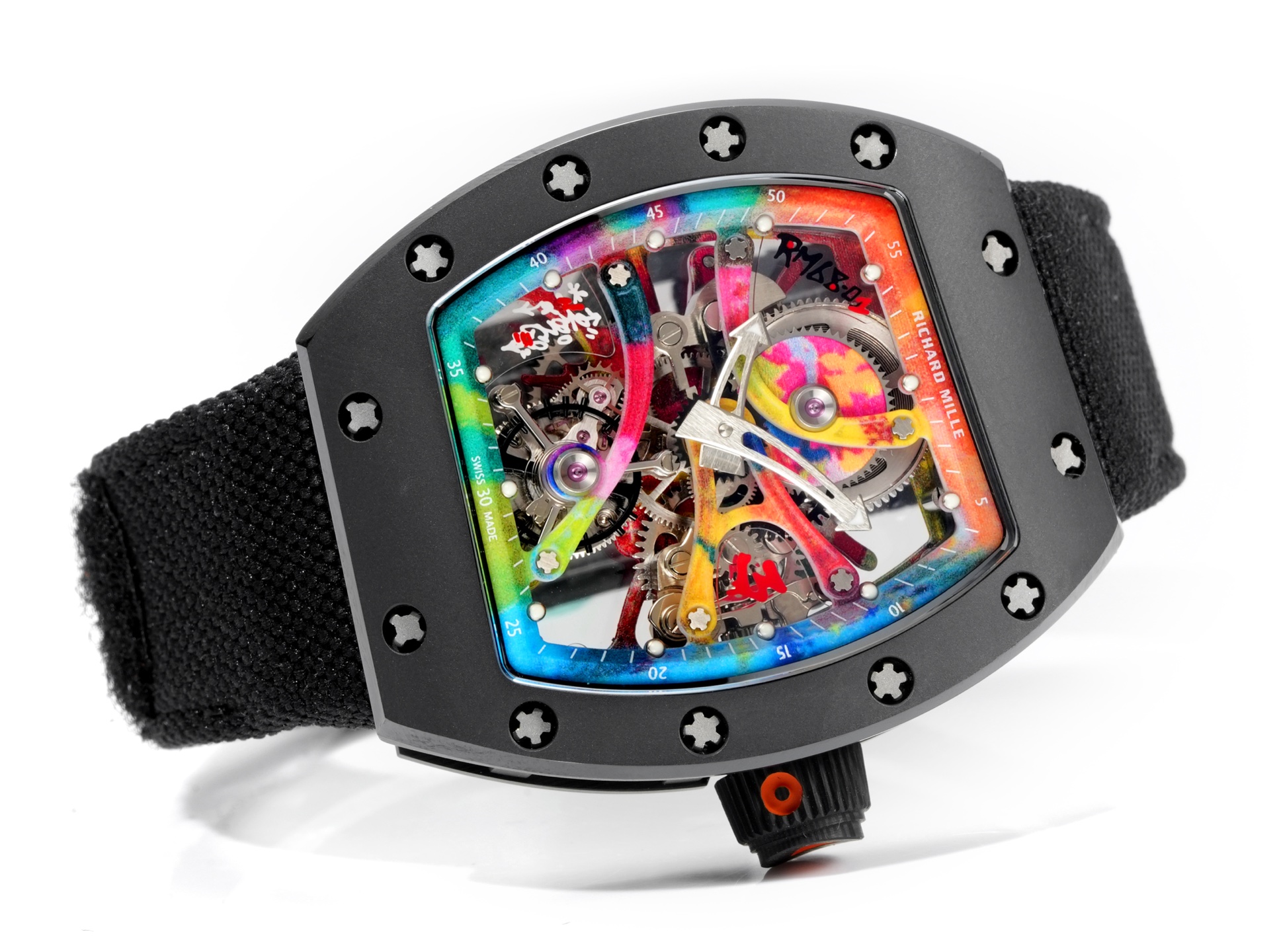Richard Mille RM 68-01 Tourbillon Cyril Kongo cassa nera, lunetta nera, quadrante scheletrato multicolore, cinturino in tessuto nero 38,7 mm Meccanico da uomo