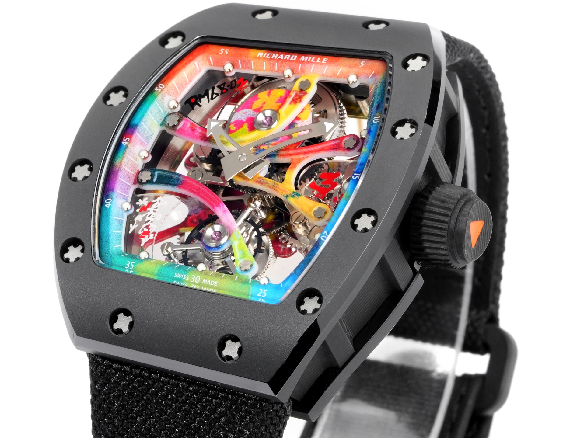 Richard Mille RM 68-01 Tourbillon Cyril Kongo cassa nera, lunetta nera, quadrante scheletrato multicolore, cinturino in tessuto nero 38,7 mm Meccanico da uomo