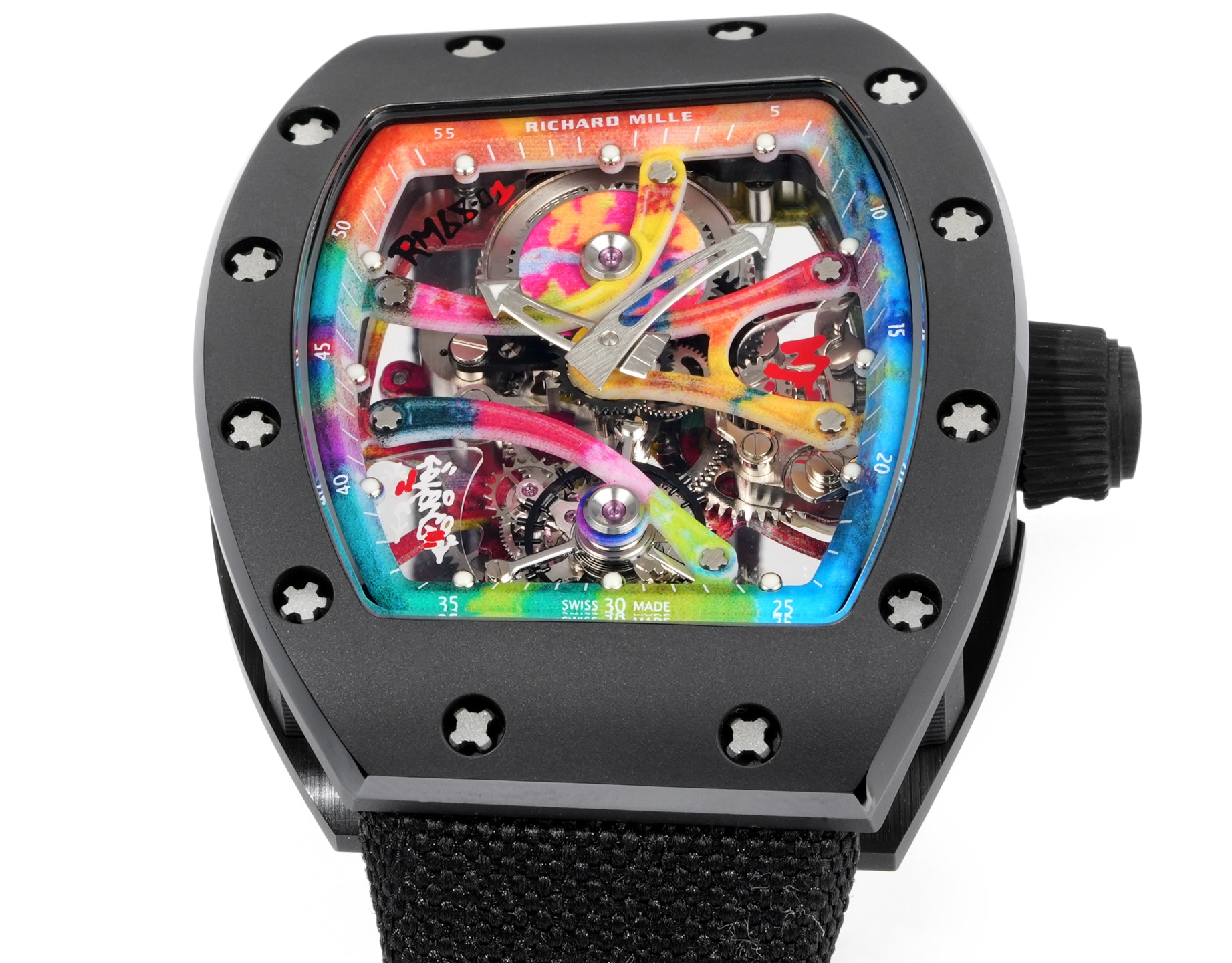 Richard Mille RM 68-01 Tourbillon Cyril Kongo cassa nera, lunetta nera, quadrante scheletrato multicolore, cinturino in tessuto nero 38,7 mm Meccanico da uomo
