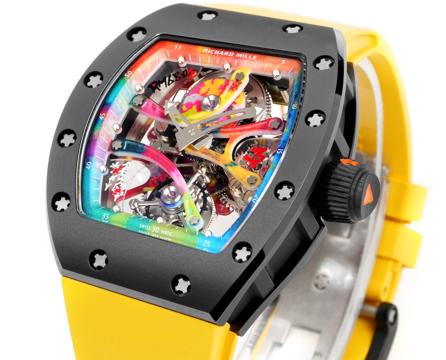Richard Mille RM 68-01 cassa nera, quadrante arcobaleno, cinturino giallo 42 mm Automatico da uomo
