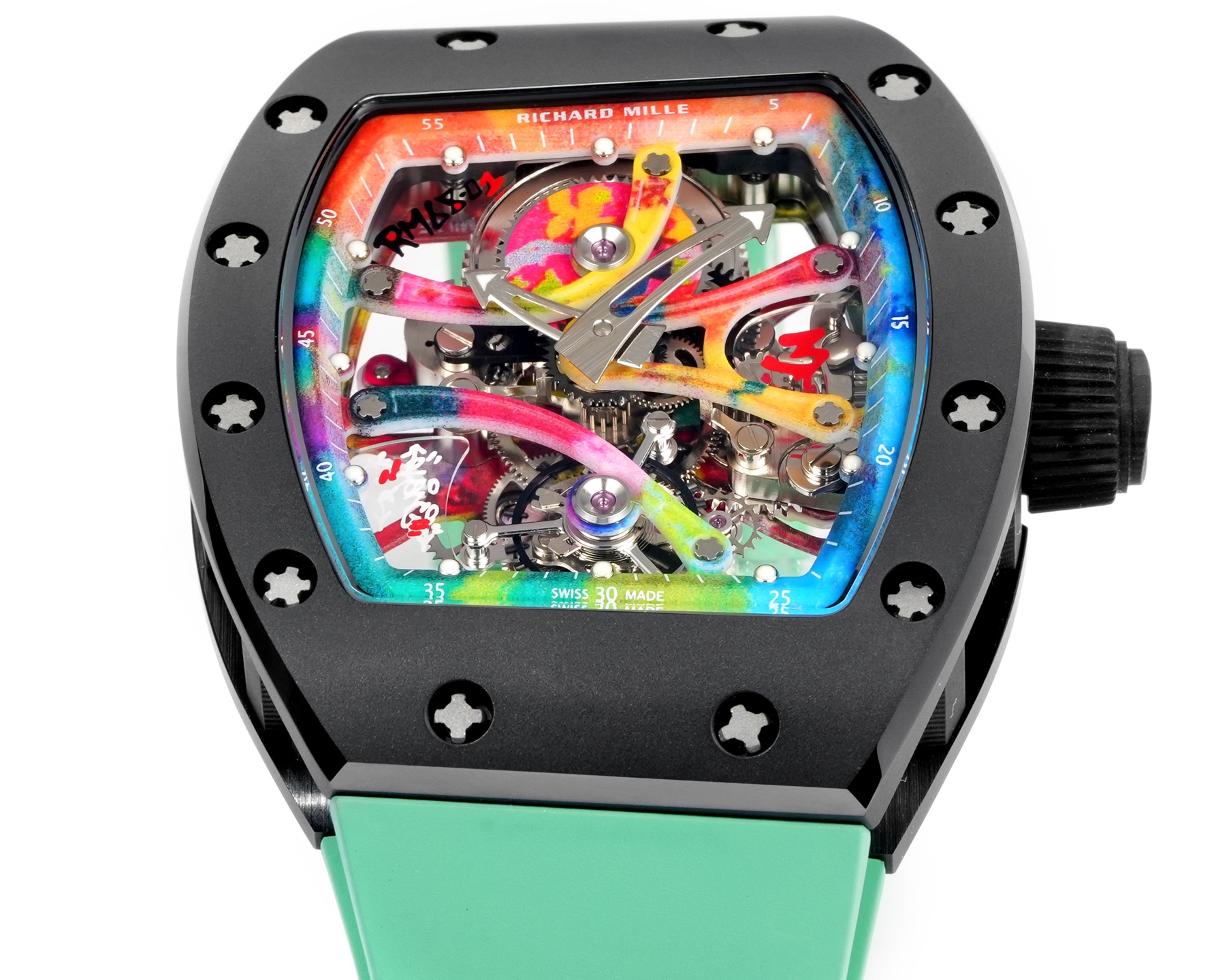 Richard Mille RM68-01 black case, rainbow bezel, multicolor dial, mint green strap 42.7mm Men's Automatic