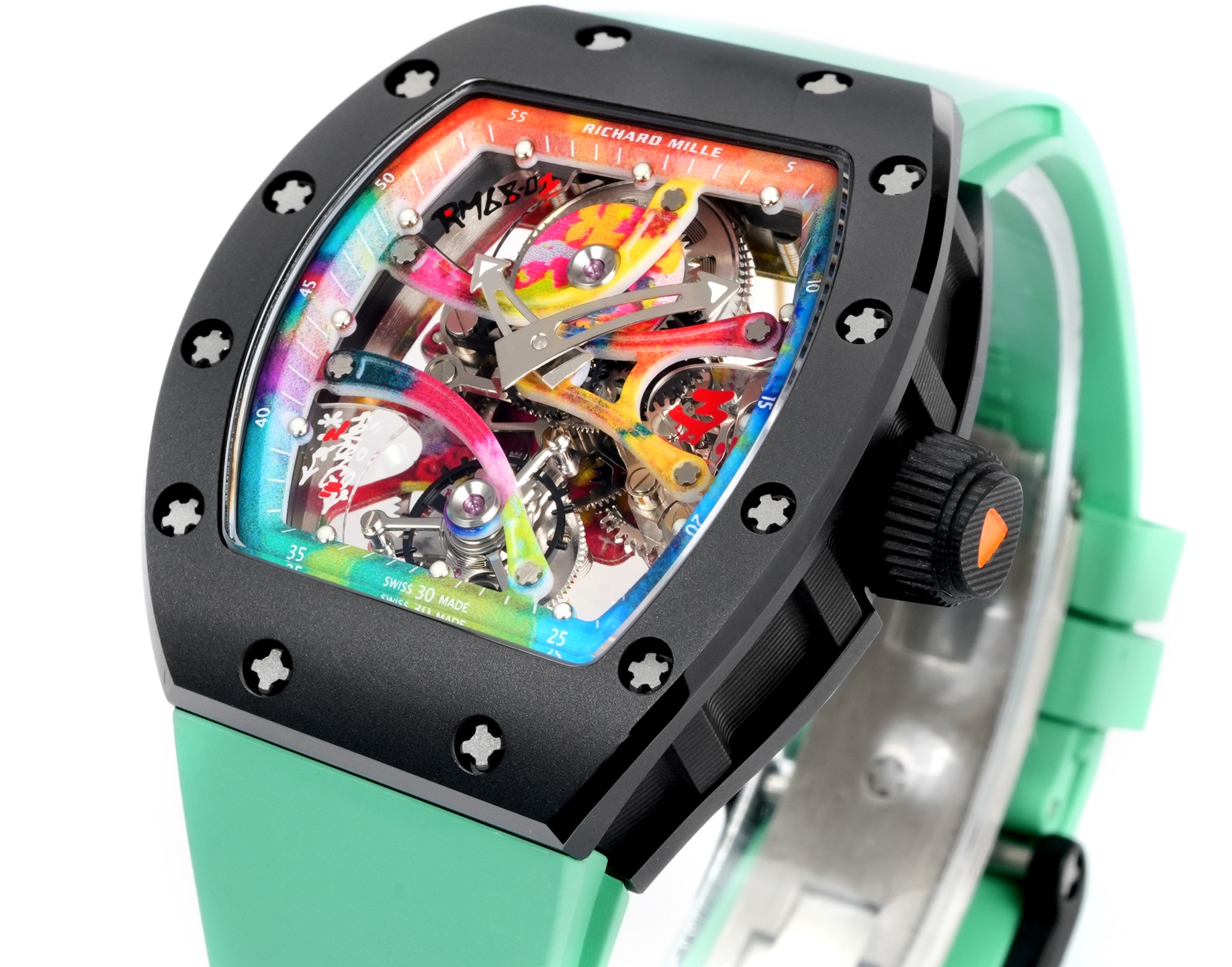 Richard Mille RM68-01 black case, rainbow bezel, multicolor dial, mint green strap 42.7mm Men's Automatic