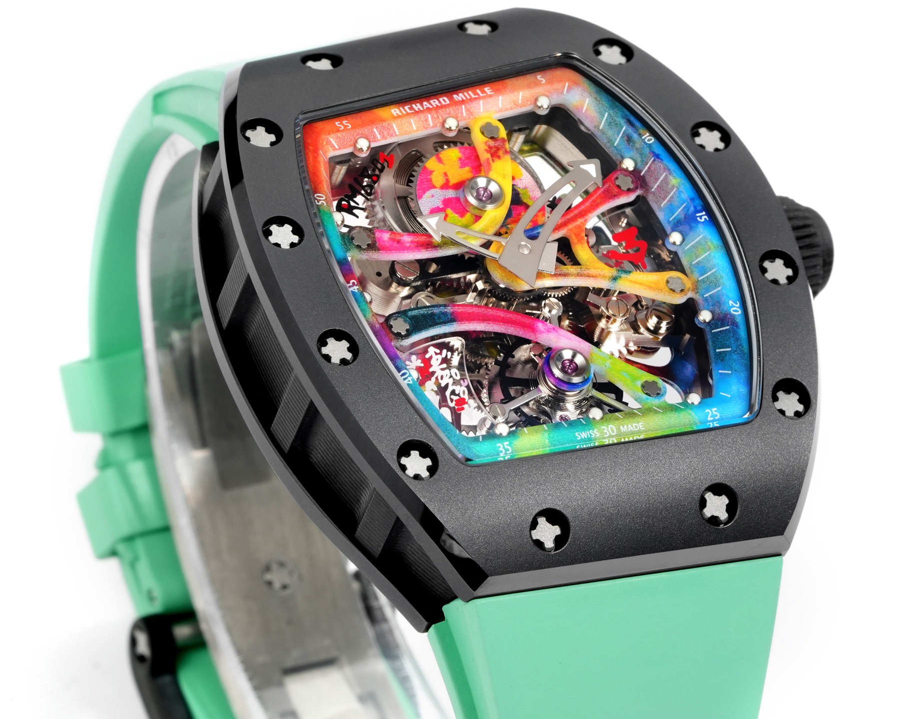 Richard Mille RM68-01 black case, rainbow bezel, multicolor dial, mint green strap 42.7mm Men's Automatic