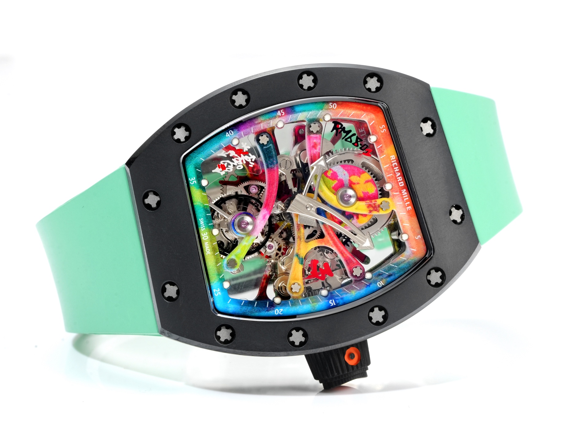 Richard Mille RM68-01 black case, rainbow bezel, multicolor dial, mint green strap 42.7mm Men's Automatic