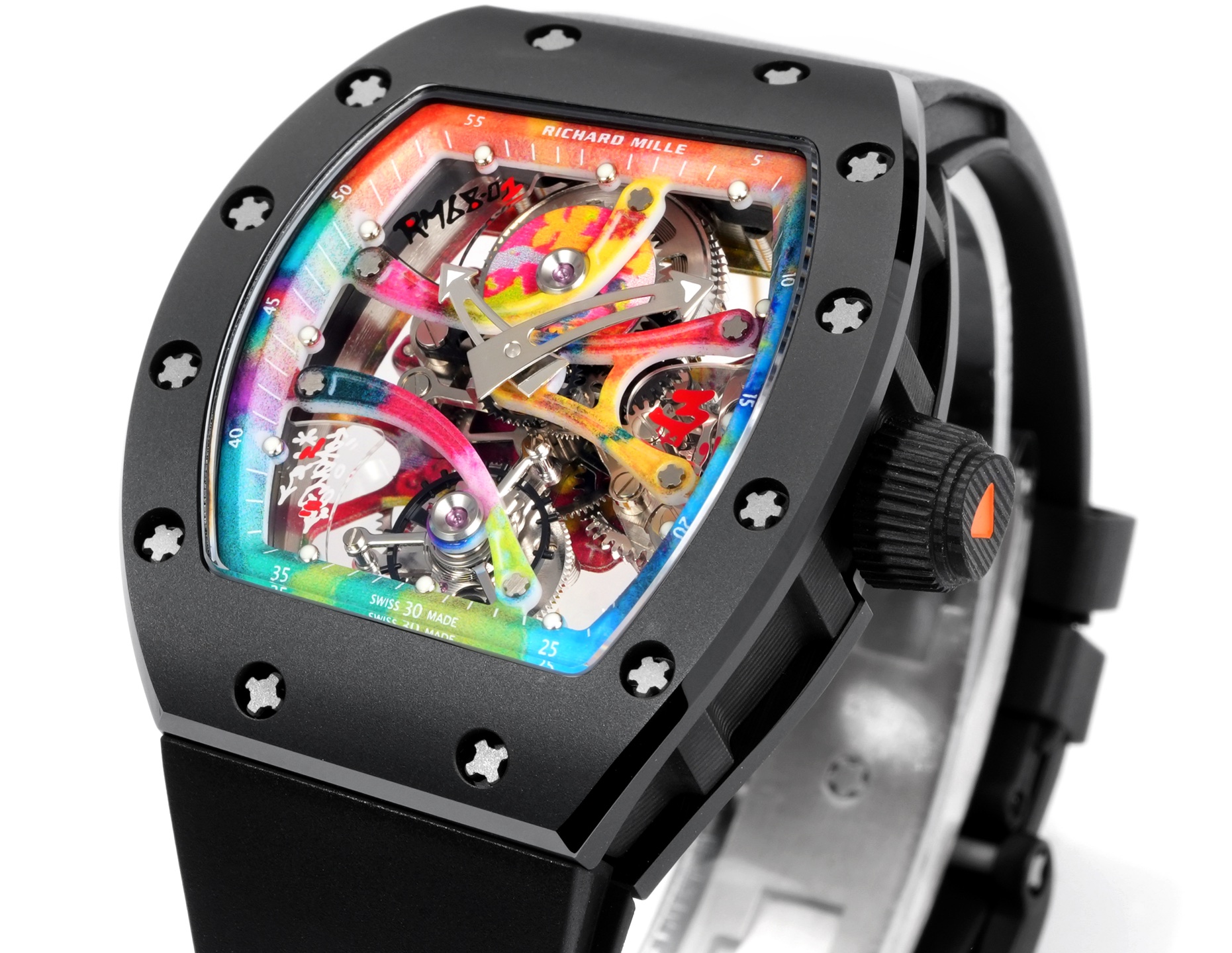 Richard Mille RM 68-01 Tourbillon Cyril Kongo Caixa preta, mostrador esqueleto multicolorido, pulseira preta Turbilhão masculino de corda manual de 50 mm