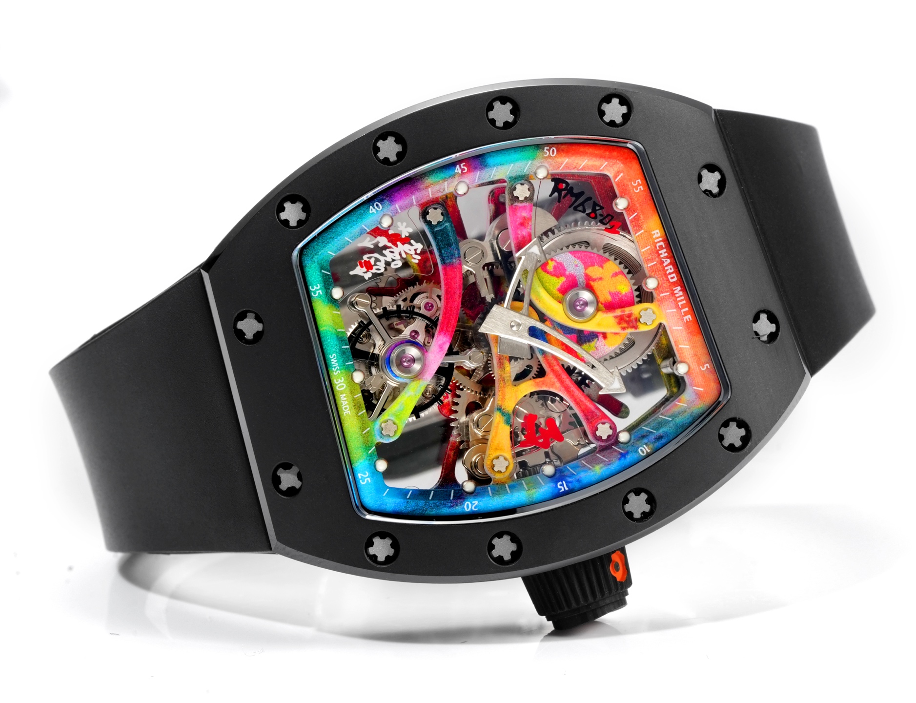 Richard Mille RM 68-01 Tourbillon Cyril Kongo Caixa preta, mostrador esqueleto multicolorido, pulseira preta Turbilhão masculino de corda manual de 50 mm