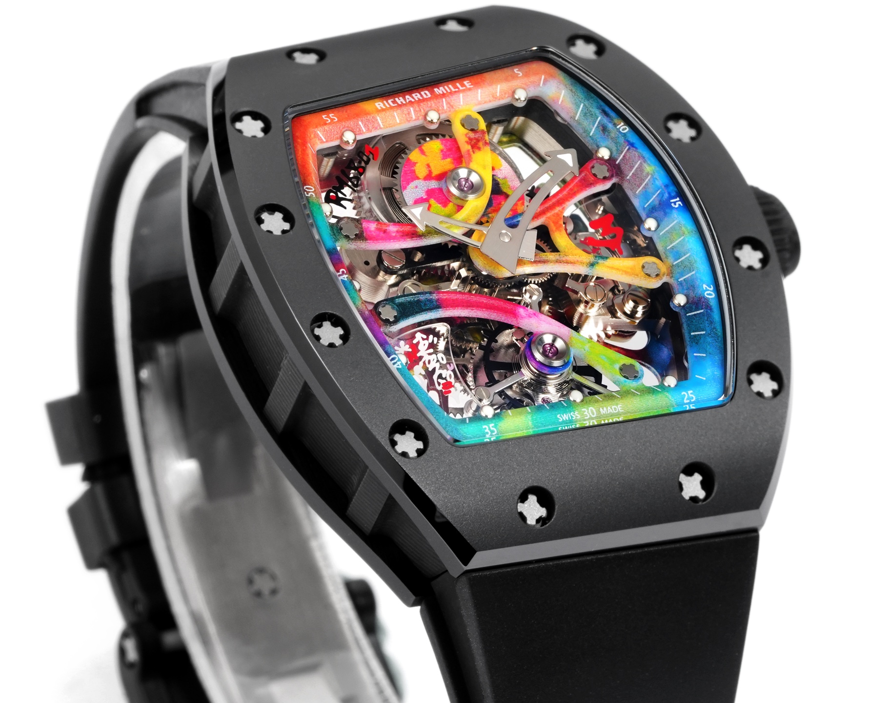 Richard Mille RM 68-01 Tourbillon Cyril Kongo Caixa preta, mostrador esqueleto multicolorido, pulseira preta Turbilhão masculino de corda manual de 50 mm