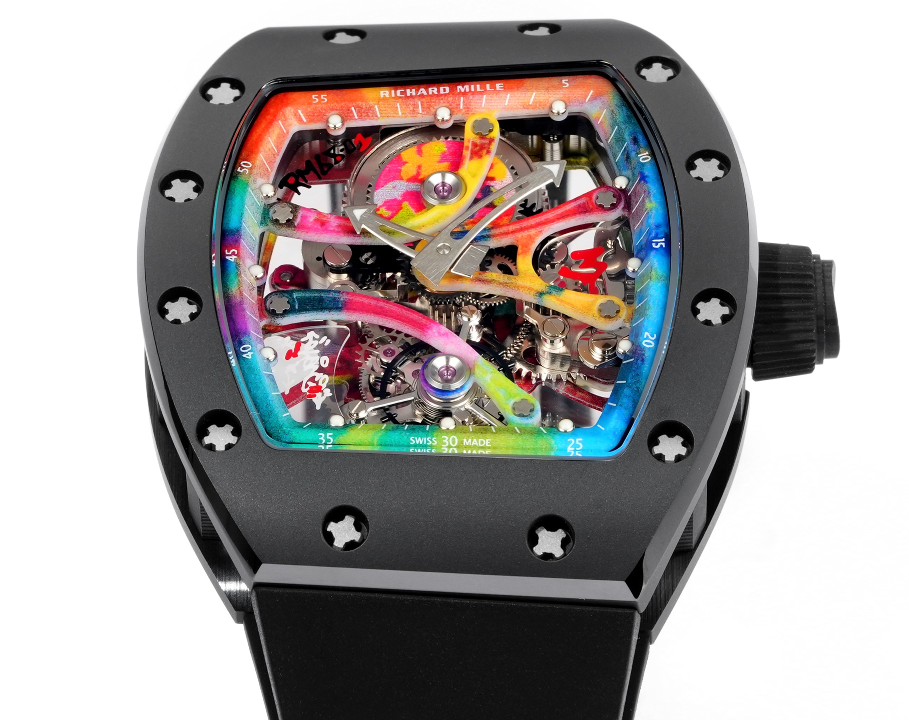 Richard Mille RM 68-01 Tourbillon Cyril Kongo Caixa preta, mostrador esqueleto multicolorido, pulseira preta Turbilhão masculino de corda manual de 50 mm