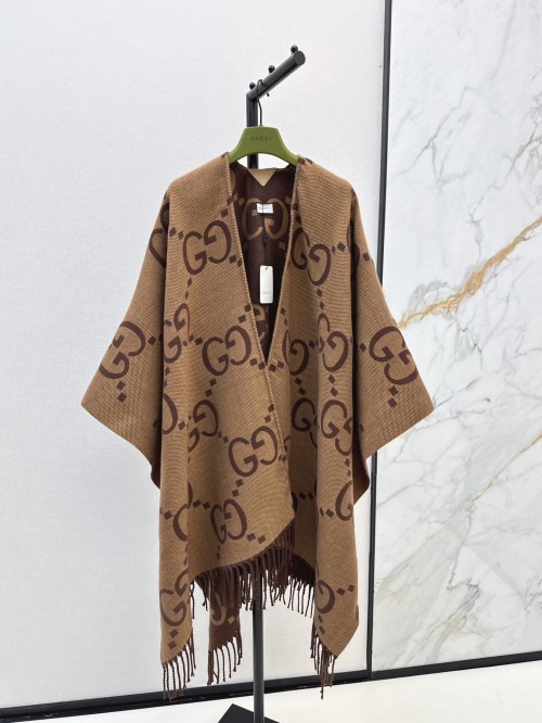 Gucci Reversible Wool Cape Shawl with GG Pattern and Fringed Edges 1 Gucci Reversible Wool Cape Shawl with GG Pattern and Fringed Edges