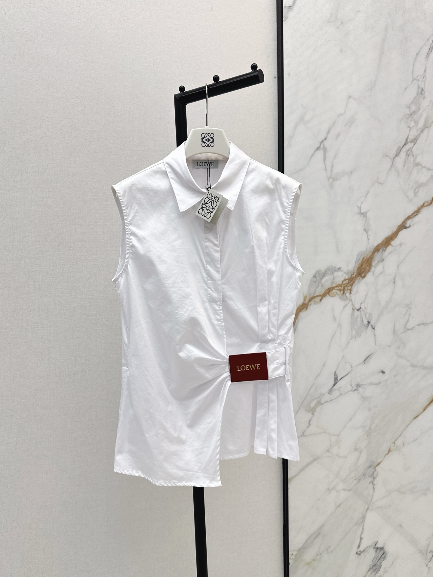 Loewe Sleeveless Pleated Shirt with Logo Leather Patch - Chic & Stylish