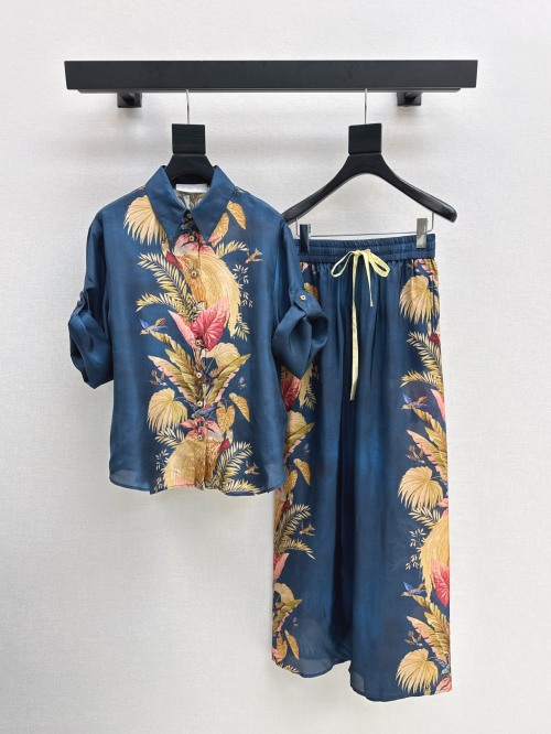 Tropical Print Shirt and Pants Set, Resort Style, Elegant Women's Clothing 1 Tropical Print Shirt and Pants Set, Resort Style, Elegant Women's Clothing