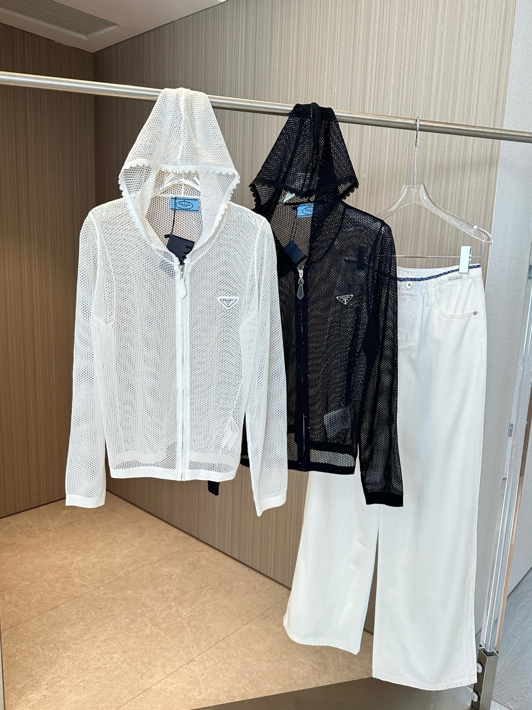 Prada Lace Trim Embellished Long Sleeve Sun Protection Hoodie