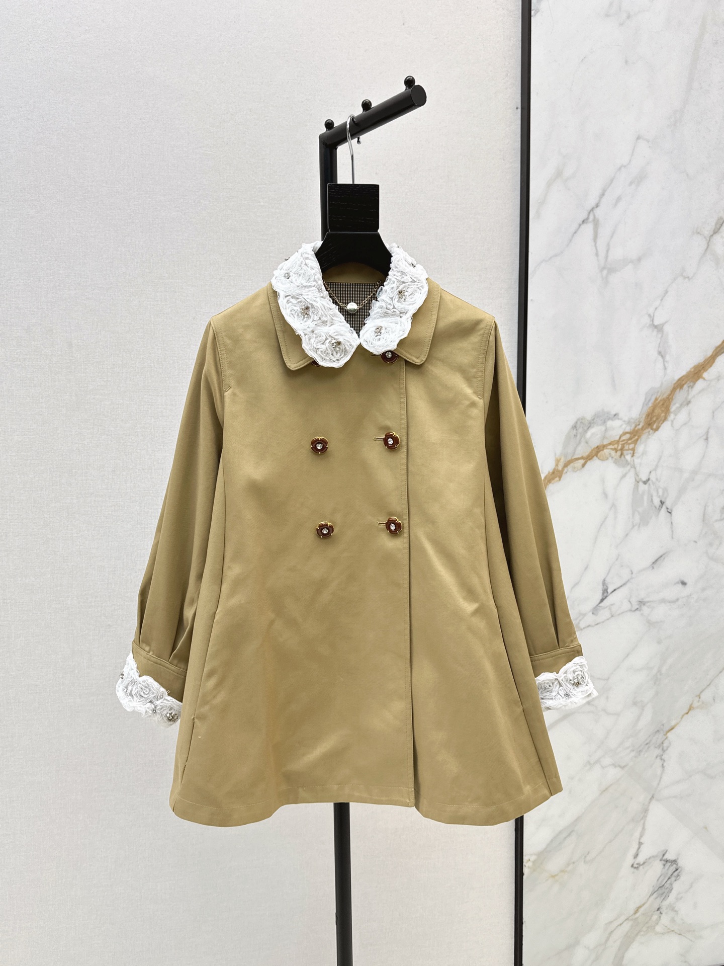 Women's Double-Breasted Doll Trench Coat with Lace Detail - Khaki