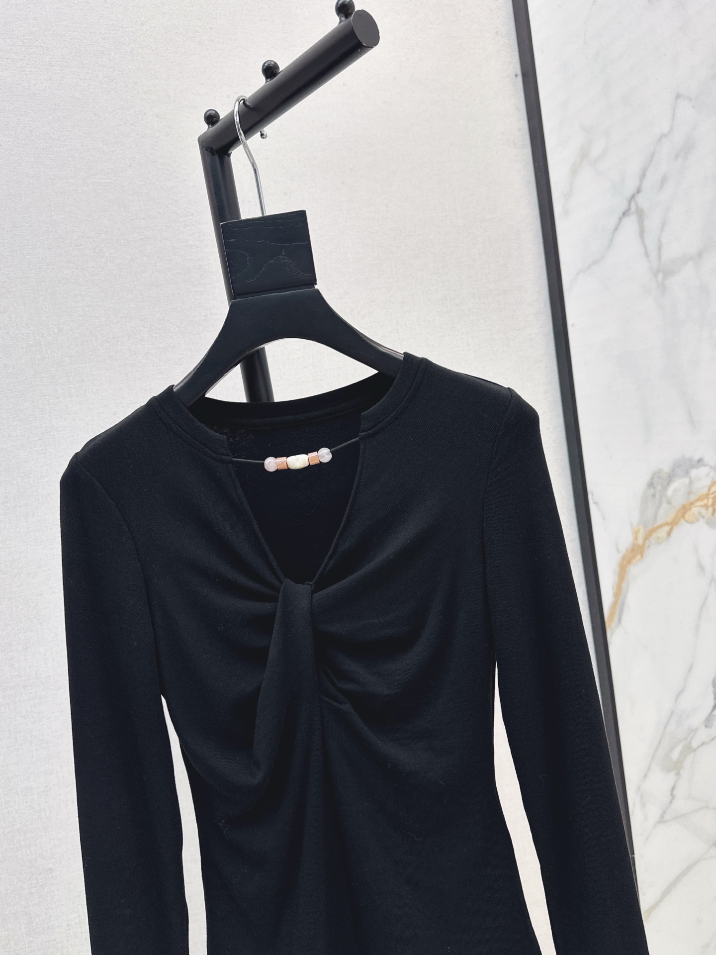 Elegant V-Neck Knot Front Long Sleeve Top with Pearl Detail - Slim Fit 4 i1758106159533 1168 0 2