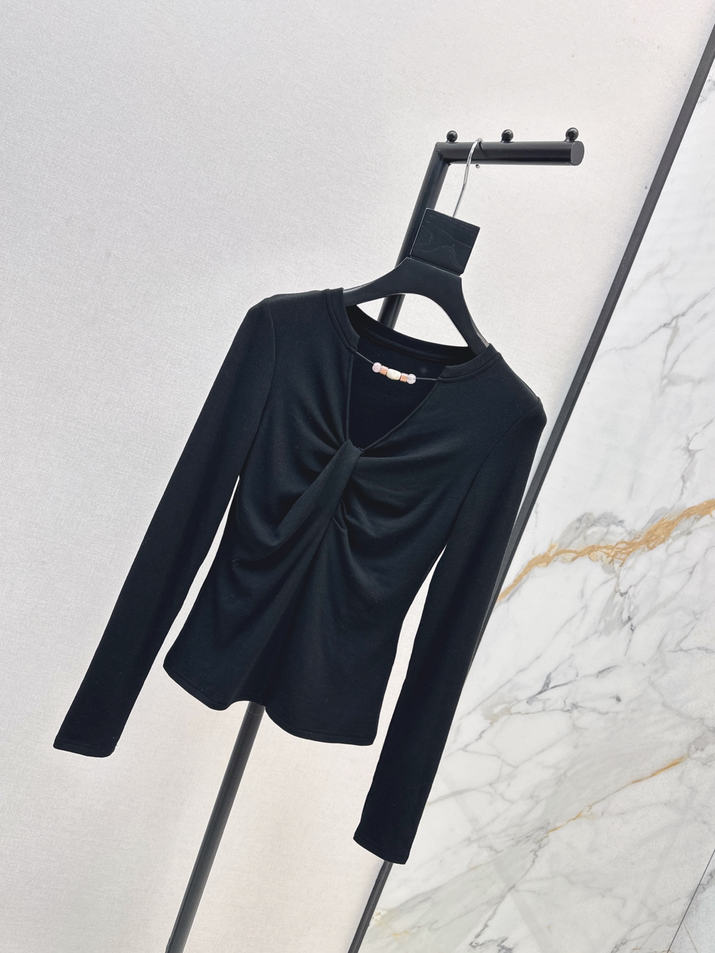 Elegant V-Neck Knot Front Long Sleeve Top with Pearl Detail - Slim Fit 3 i1758106159608 2096 0 1