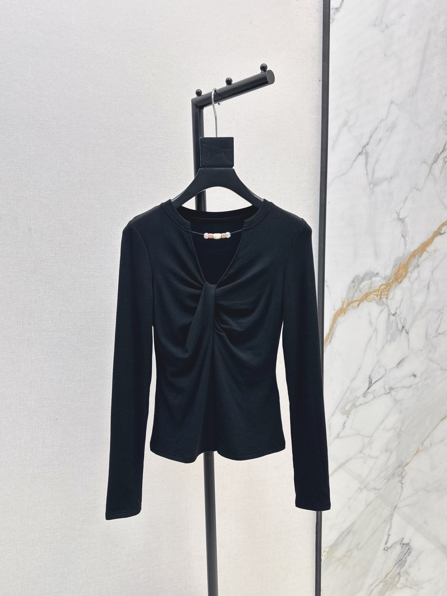 Elegant V-Neck Knot Front Long Sleeve Top with Pearl Detail - Slim Fit