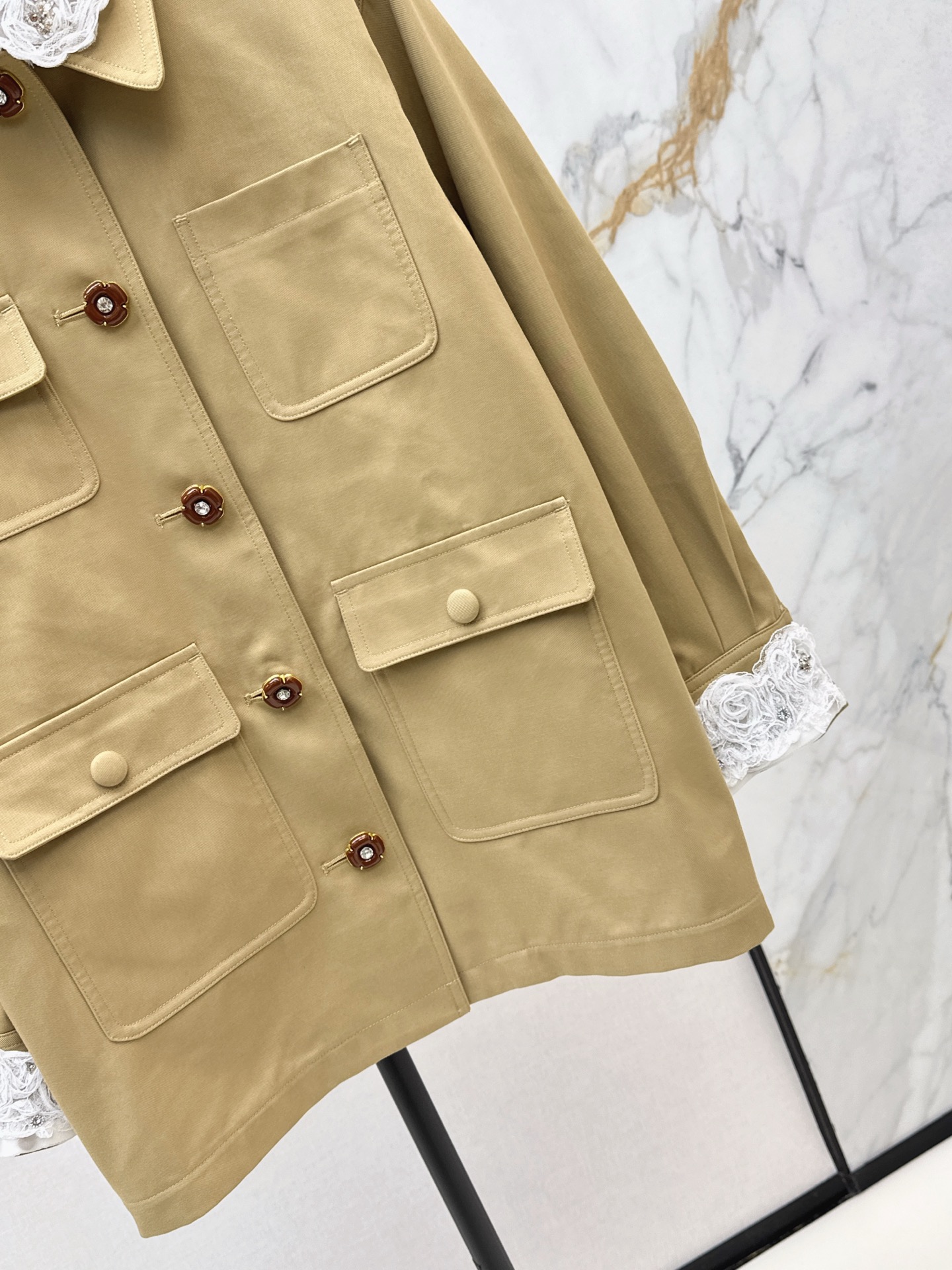 Elegant Khaki Trench Coat with Detachable Lace Cuffs and Collar - VLTN Design 7 i1758107025751 7346 0 4