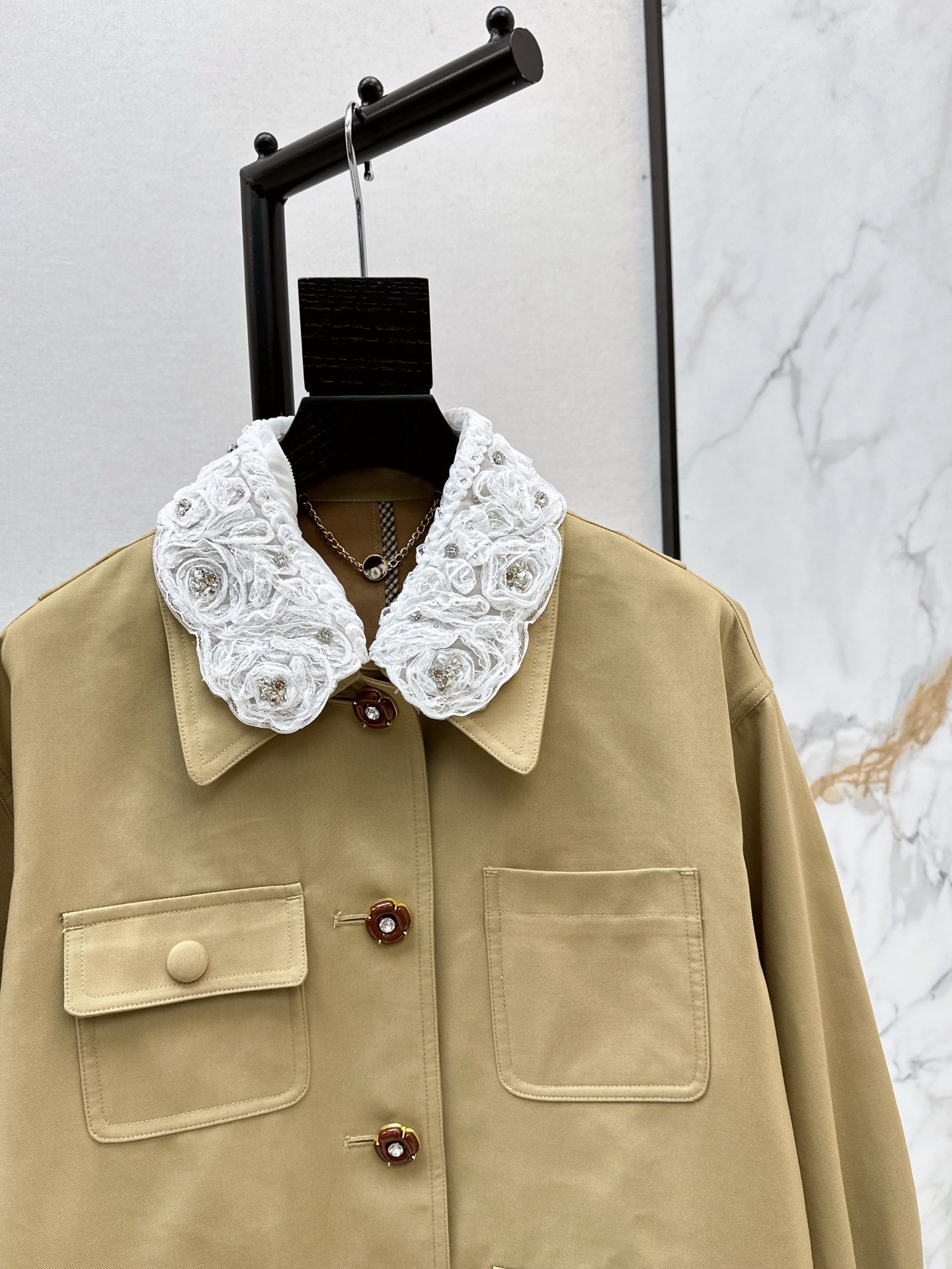 Elegant Khaki Trench Coat with Detachable Lace Cuffs and Collar - VLTN Design 4 i1758107025780 2876 0 2