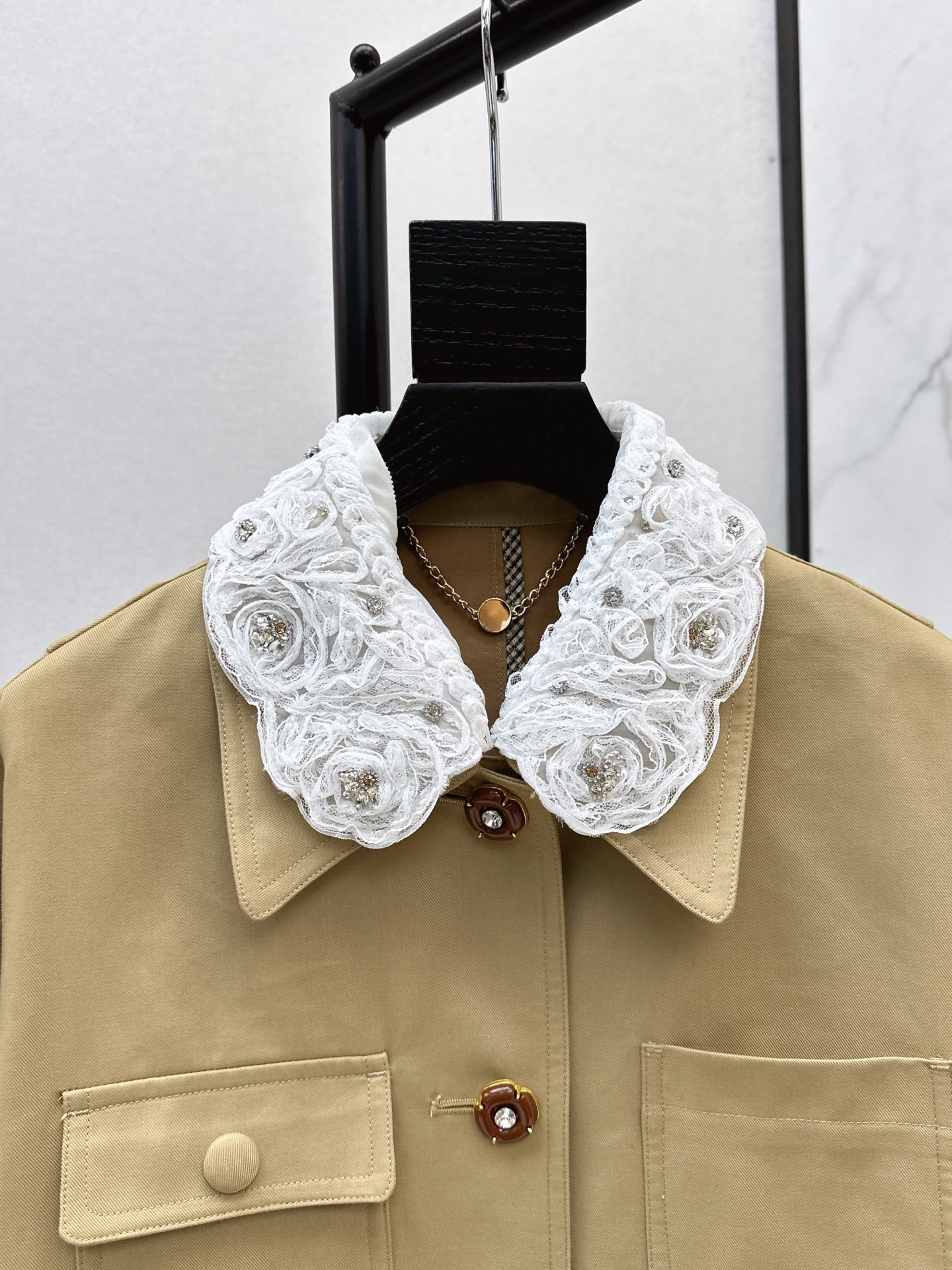 Elegant Khaki Trench Coat with Detachable Lace Cuffs and Collar - VLTN Design 5 i1758107028840 8451 0 3