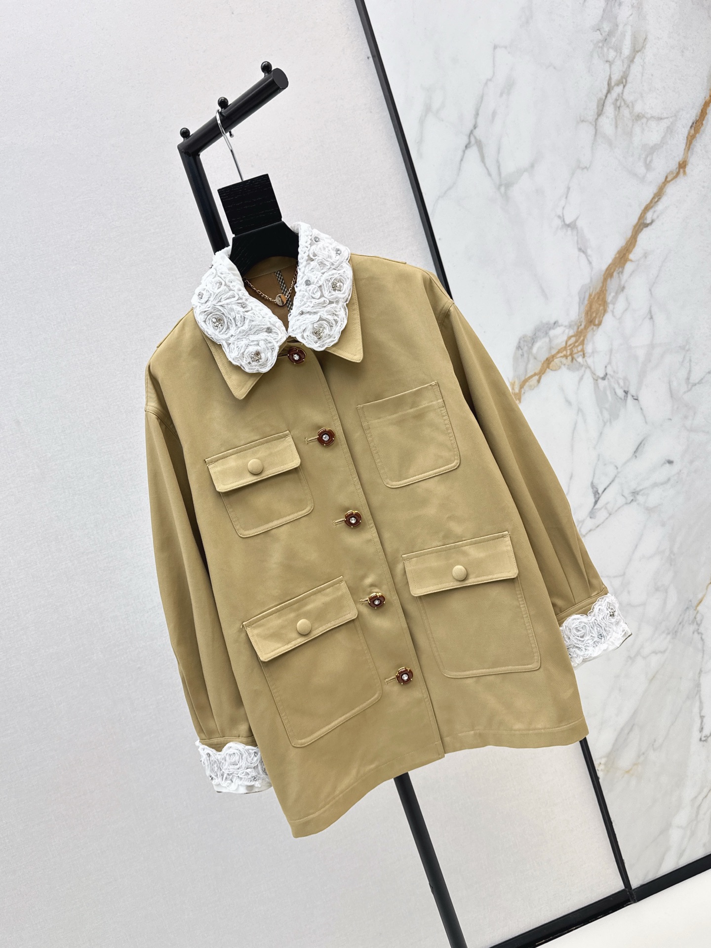 Elegant Khaki Trench Coat with Detachable Lace Cuffs and Collar - VLTN Design 3 i1758107028876 7350 0 1