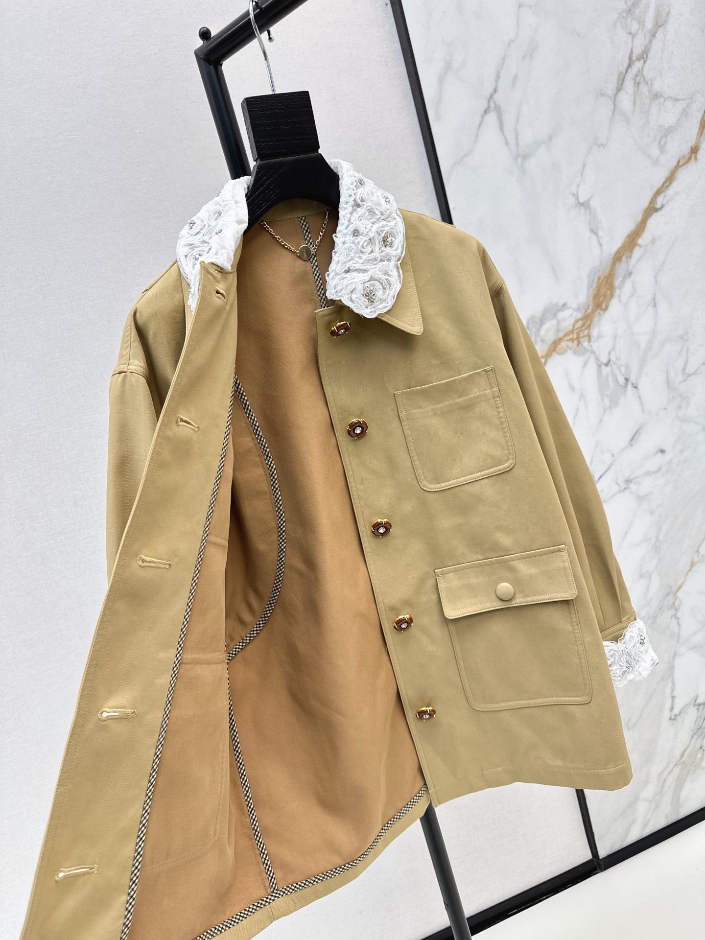 Elegant Khaki Trench Coat with Detachable Lace Cuffs and Collar - VLTN Design 8 i1758107028898 304 0 8