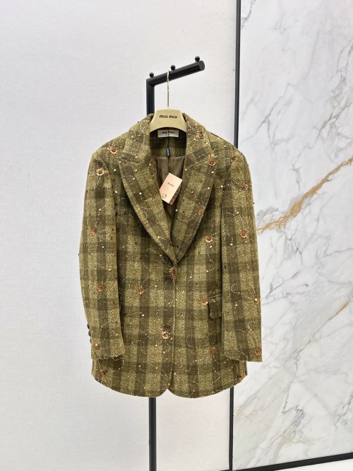 Miu Miu Women's Wool Plaid Blazer - Embellished Tweed Jacket, Fall/Winter Style 1 Miu Miu Women's Wool Plaid Blazer - Embellished Tweed Jacket, Fall/Winter Style