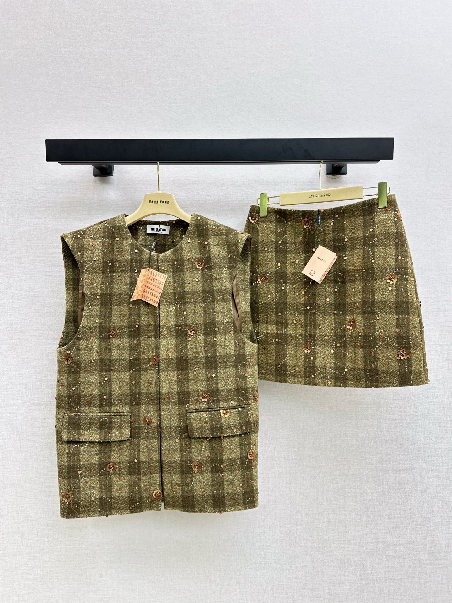 Miu Miu Women's Wool Tweed Vest and Skirt Set - Retro Plaid with Beaded Embellishments