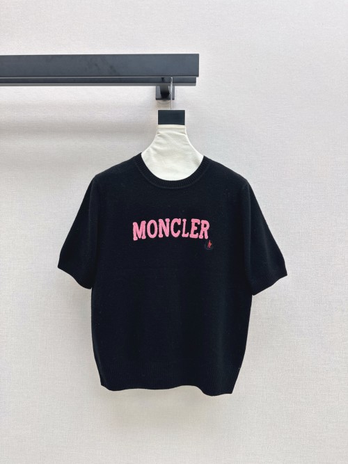 Moncler Women's Logo Embroidered Wool Blend Knit Top Short Sleeve Sweater 1 Moncler Women's Logo Embroidered Wool Blend Knit Top Short Sleeve Sweater